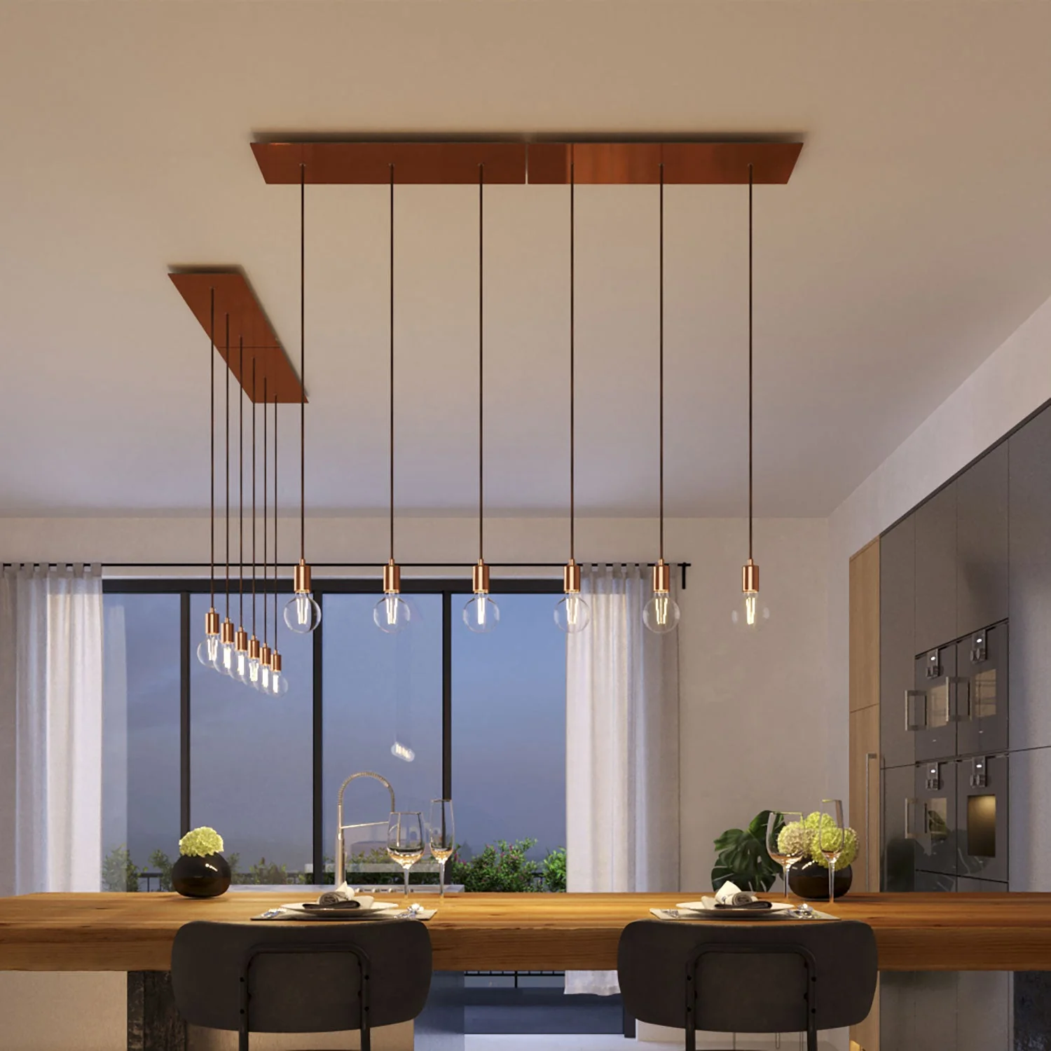 3-drop pendant lamp with XXL Rose-One rectangular 675 mm with metal finishes - Satin copper - Image 2