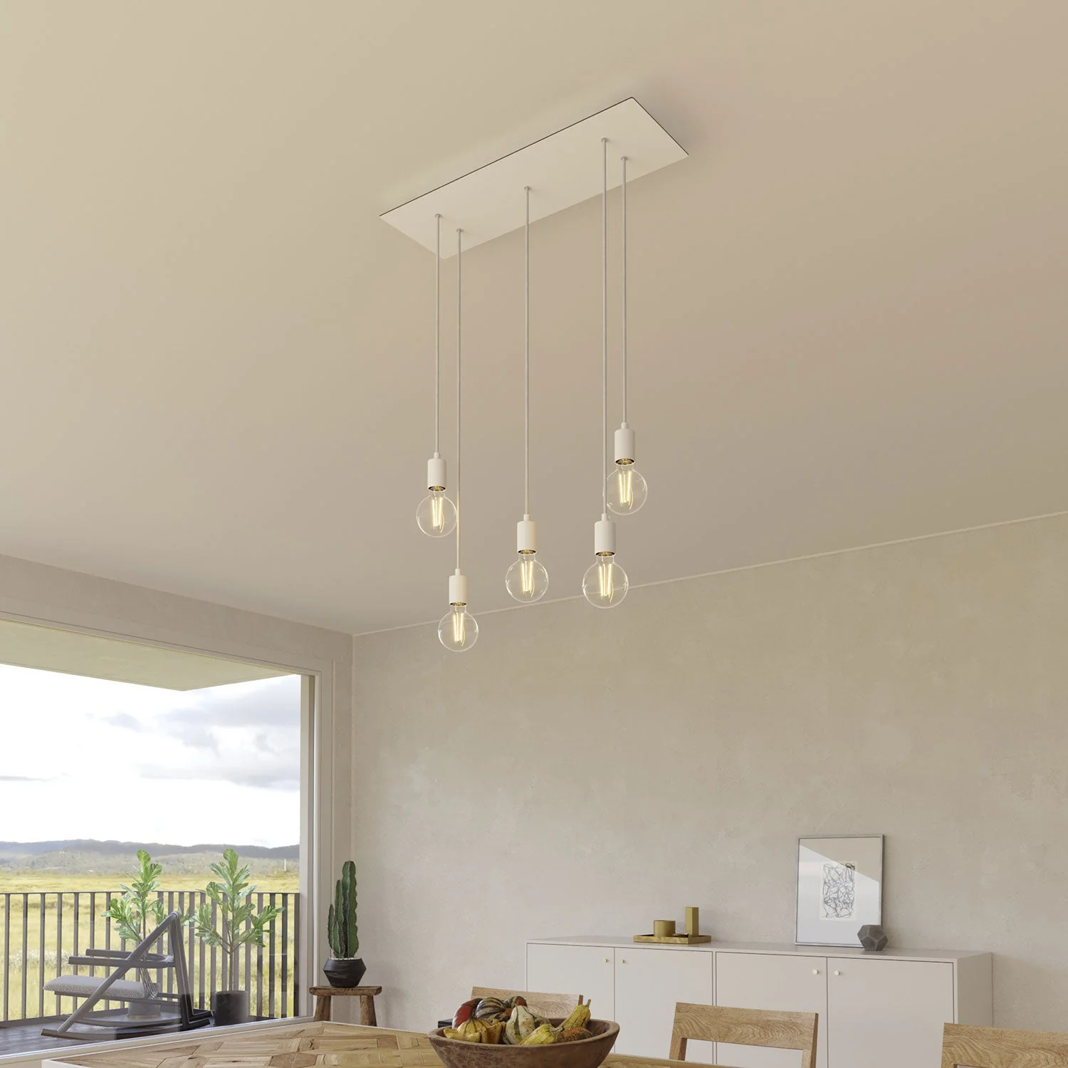 5-drop pendant lamp with XXL Rose-One rectangular 675 mm with metal finishes - Matte white - Image 2