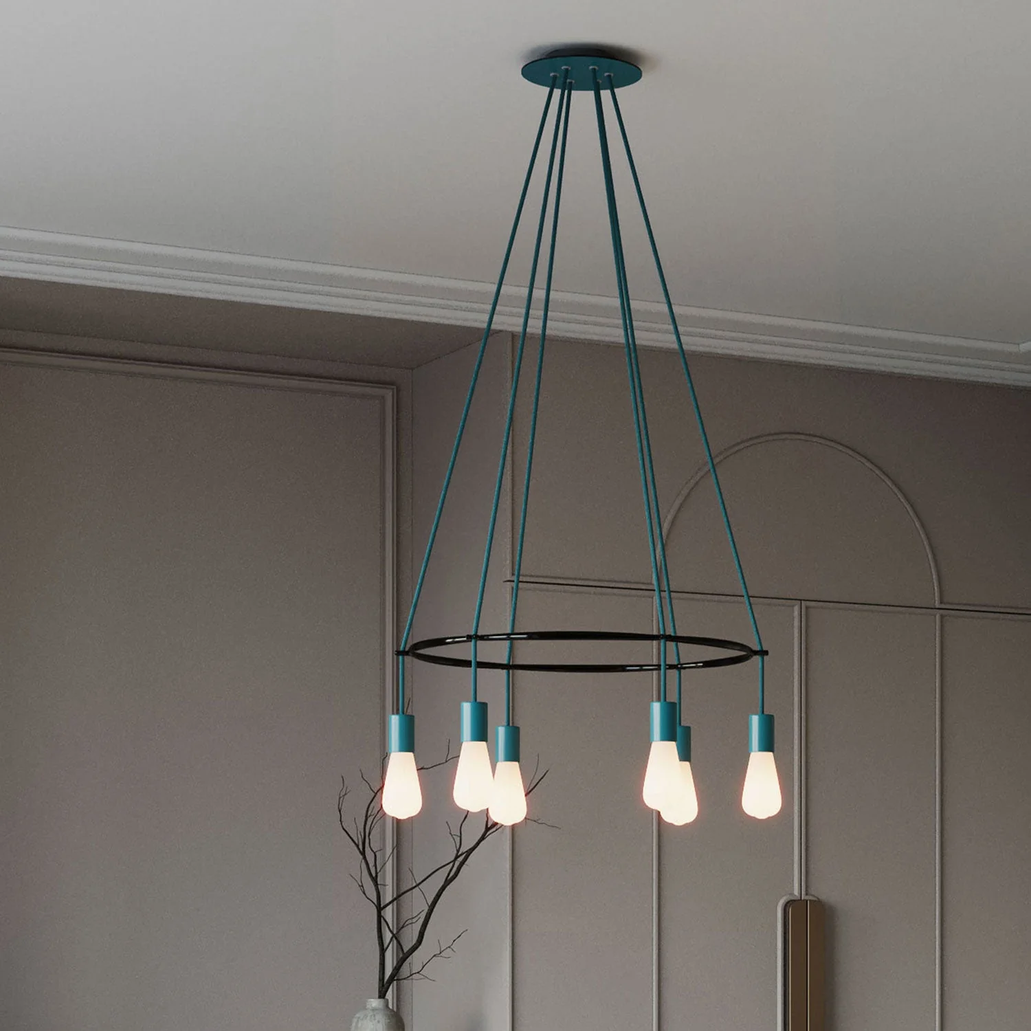 Cage chandelier with 6 Edison ST64 drops - Petrol blue - Image 3