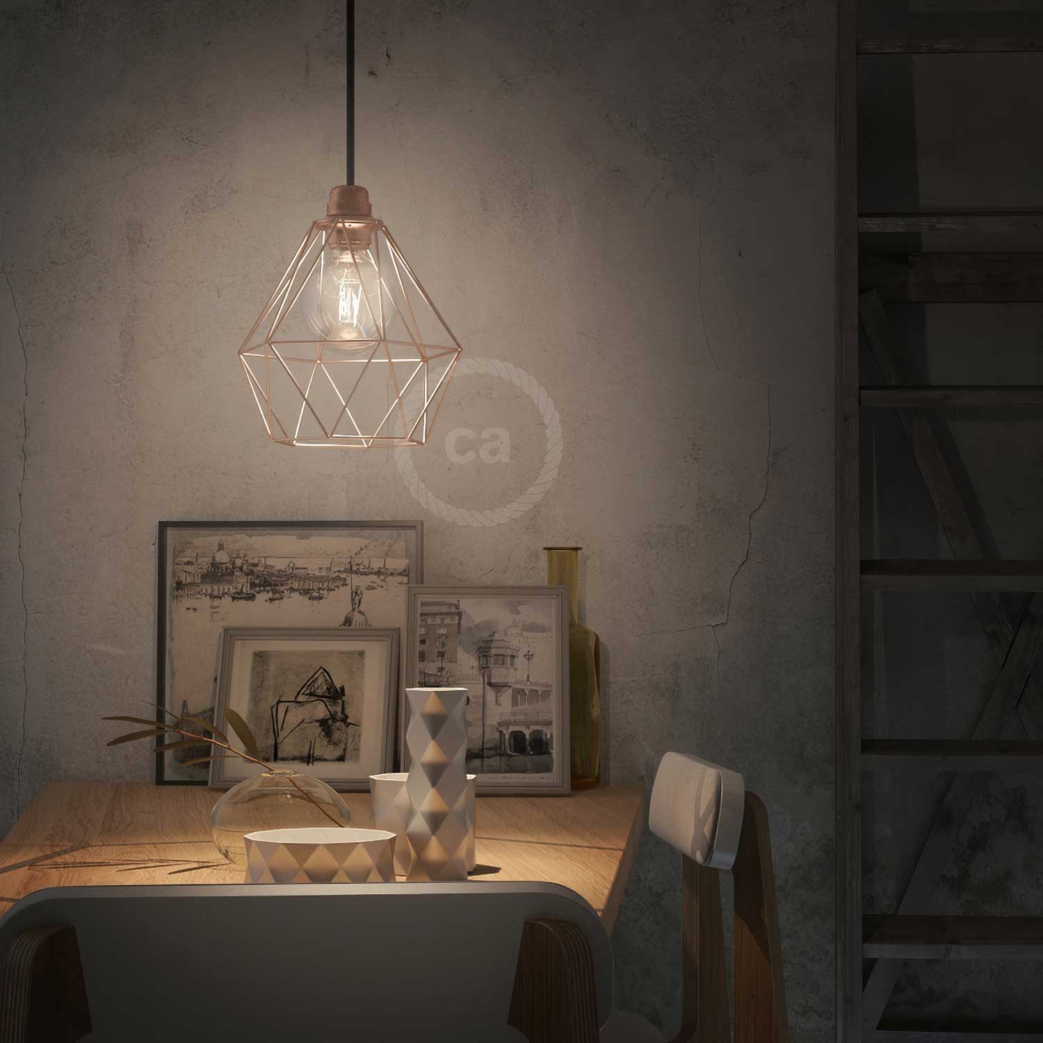 Diamond metal lampshade cage with E27 fitting - Copper - Image 2