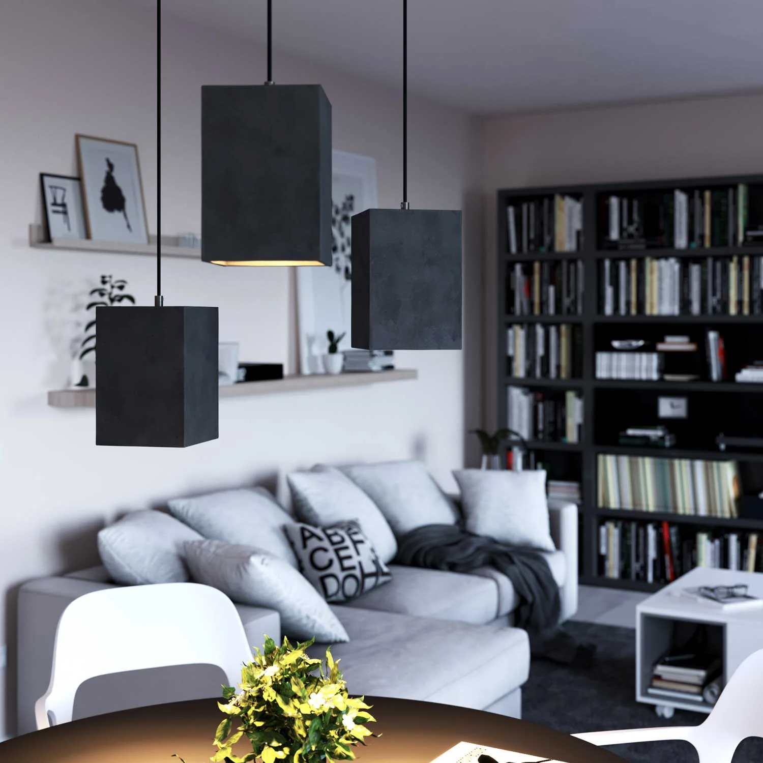 Cement cube lampshade for pendant lamp, complete with cable clamp and E27 lamp holder - Dark cement - Image 2