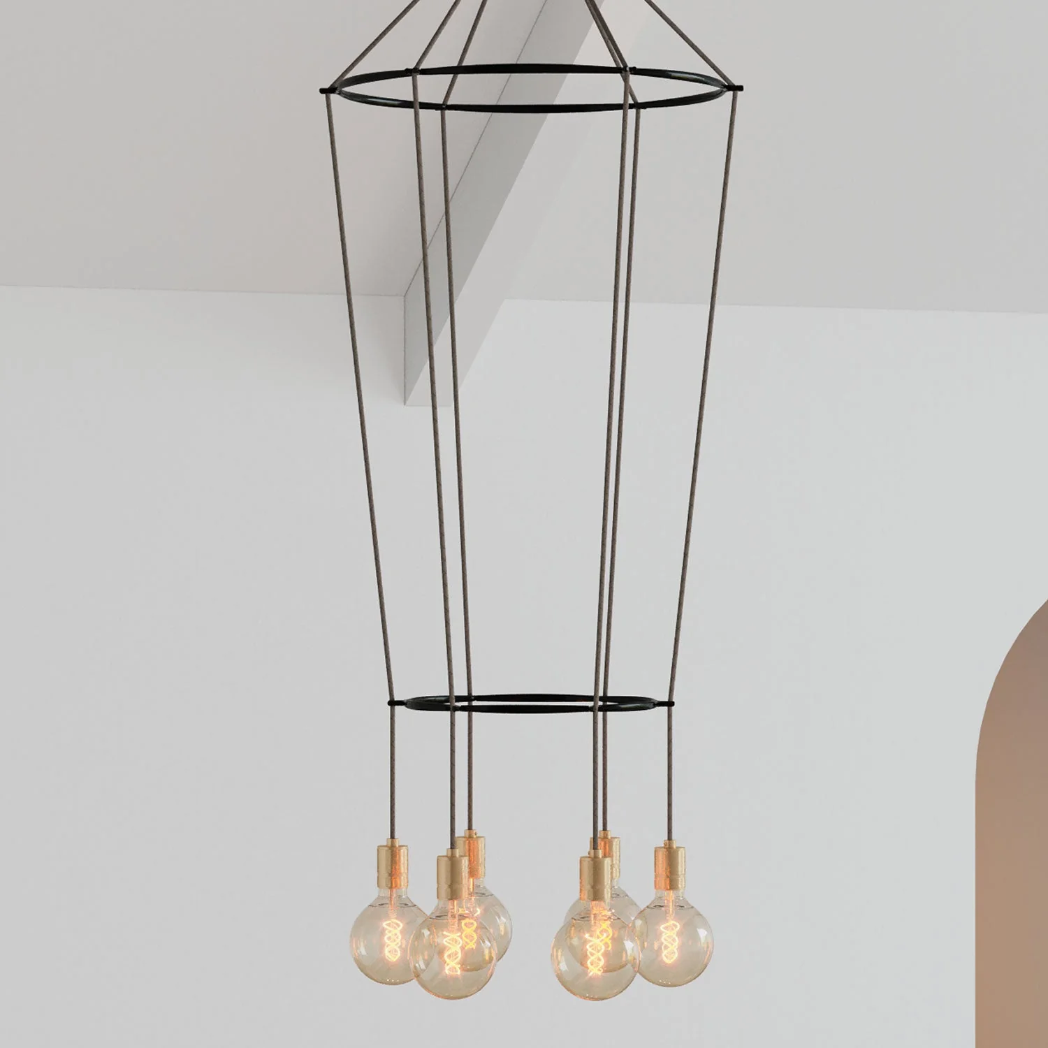 2 Cage chandelier with 6 globe drops - Brass - Image 3