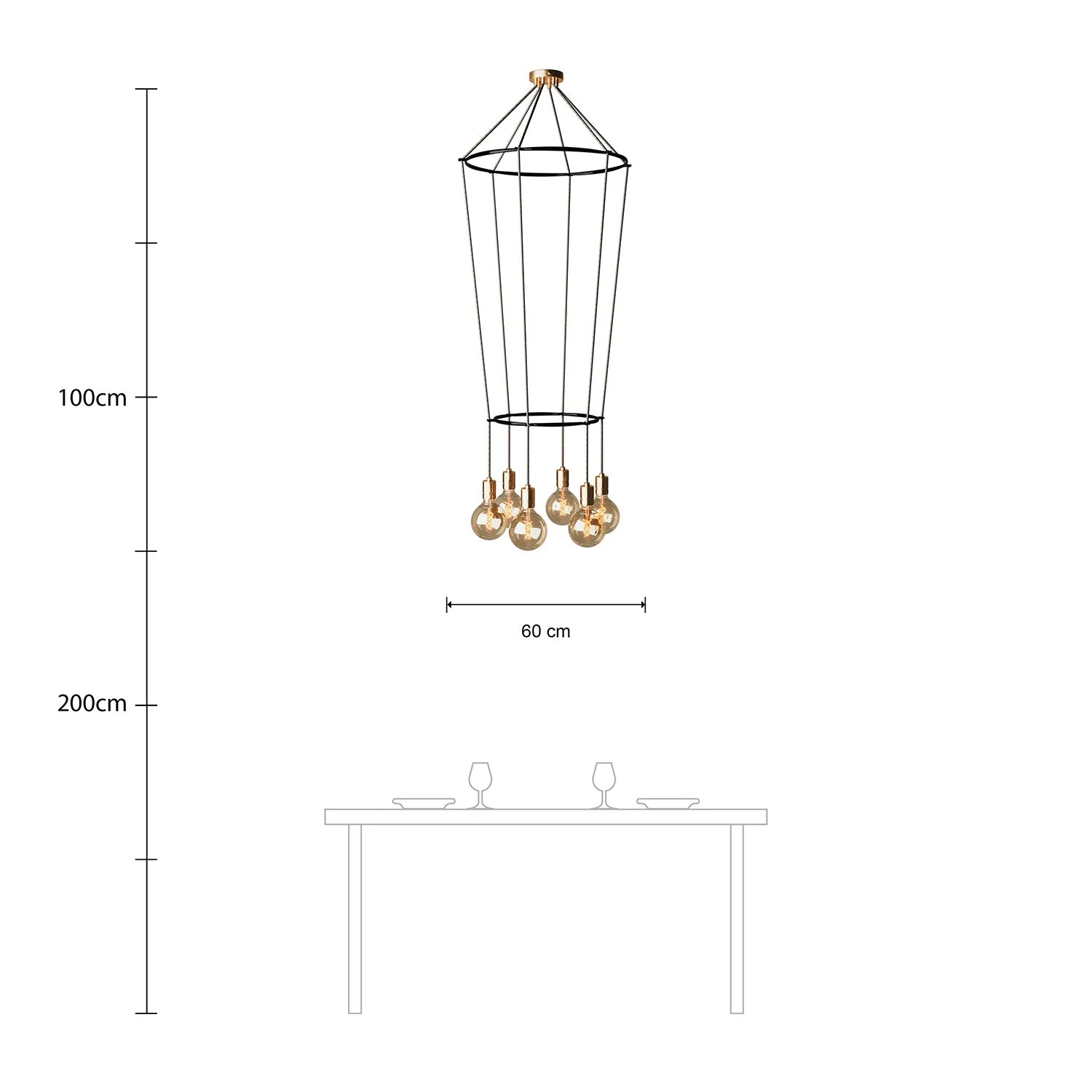 2 Cage chandelier with 6 globe drops - Brass - Image 6