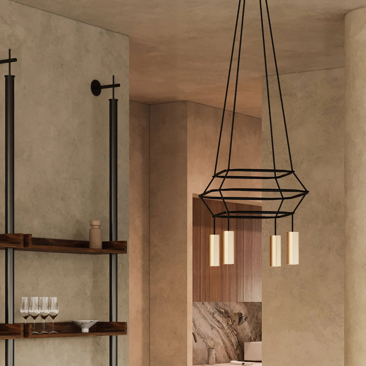 3 Cage chandelier with 4 Tub-E14 drops - Satin bronze - Image 3
