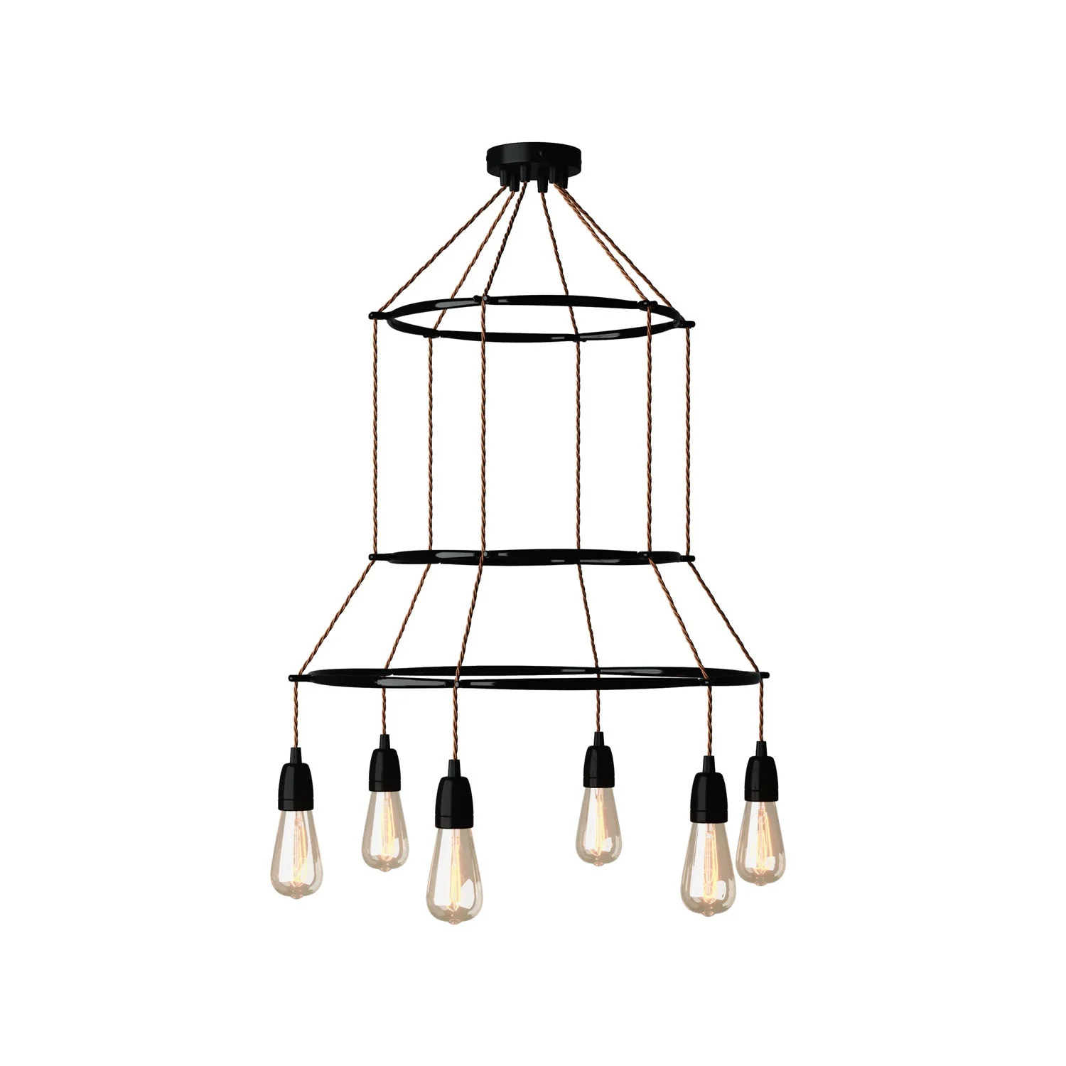 3 Cage chandelier with 6 Edison ST64 drops - Black