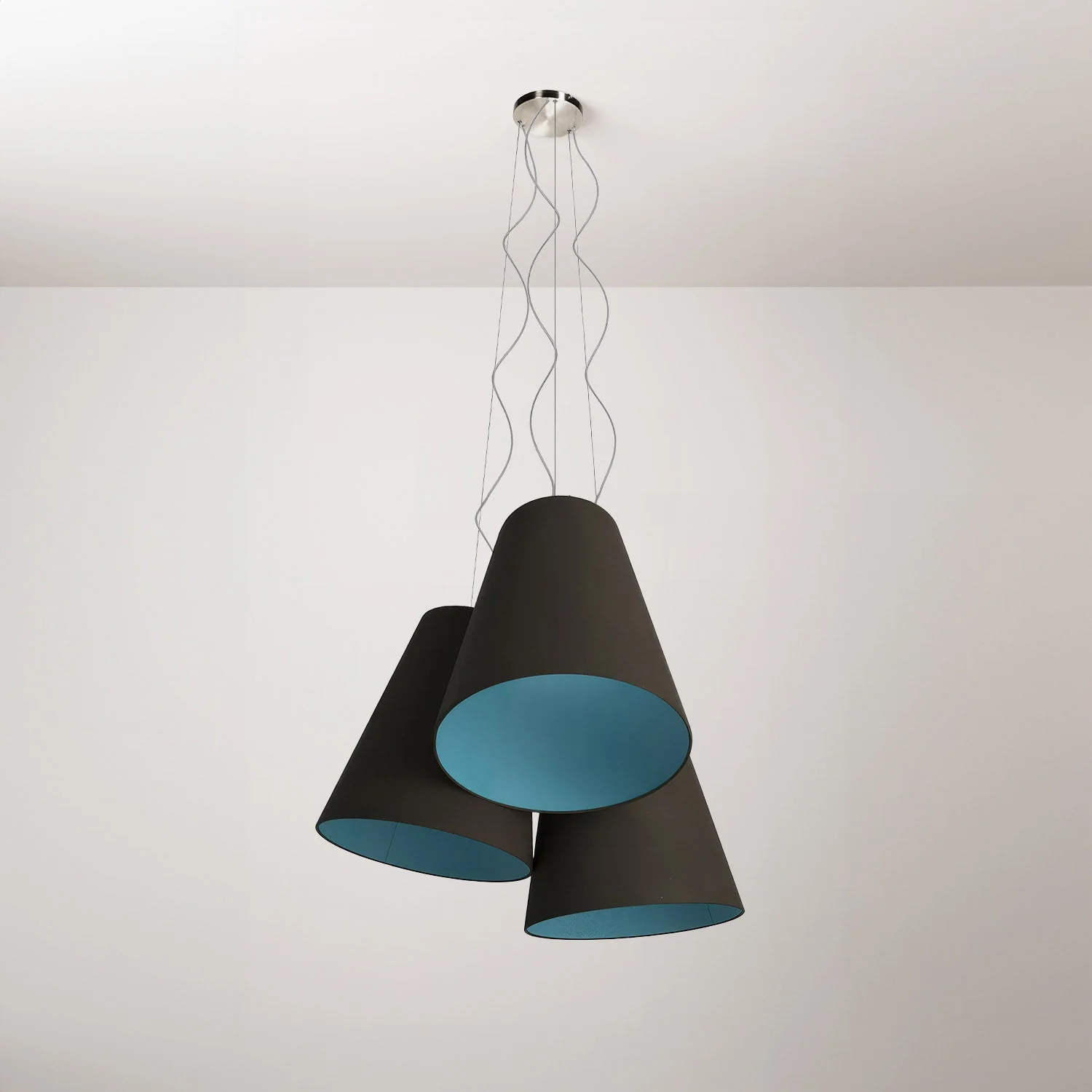 Trittico chandelier with two-tone cone lampshades in Ash and Sky Blue - Made in Italy