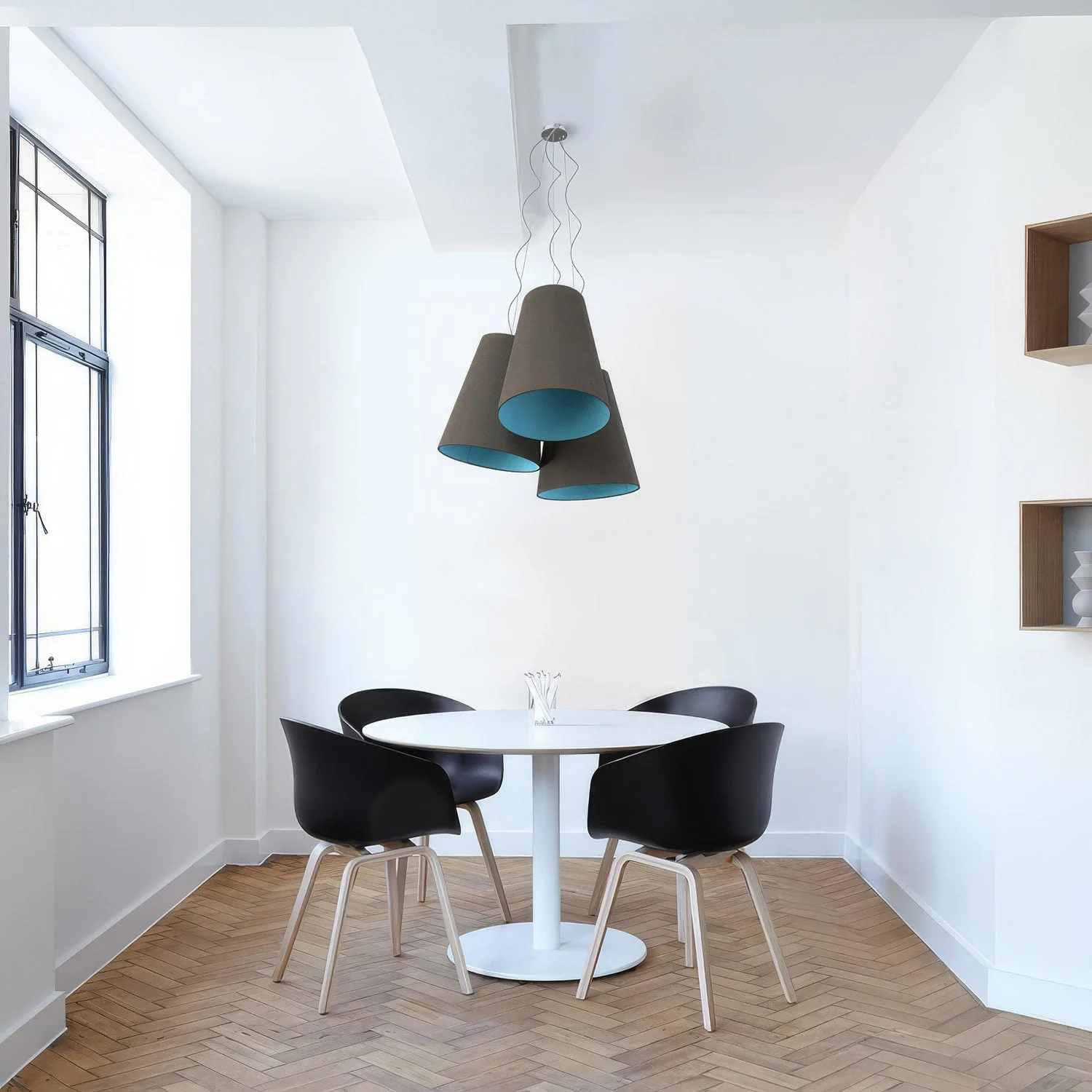 Trittico chandelier with two-tone cone lampshades in Ash and Sky Blue - Made in Italy - Image 2