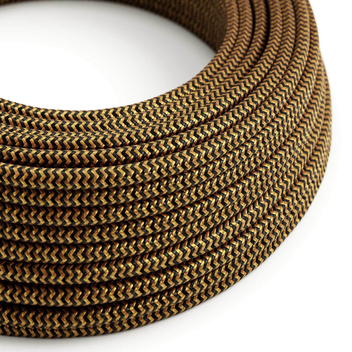 Electric cable in glossy Gold and Charcoal Black ZigZag fabric - The Original Creative Cables, for refined lamps - RZ24