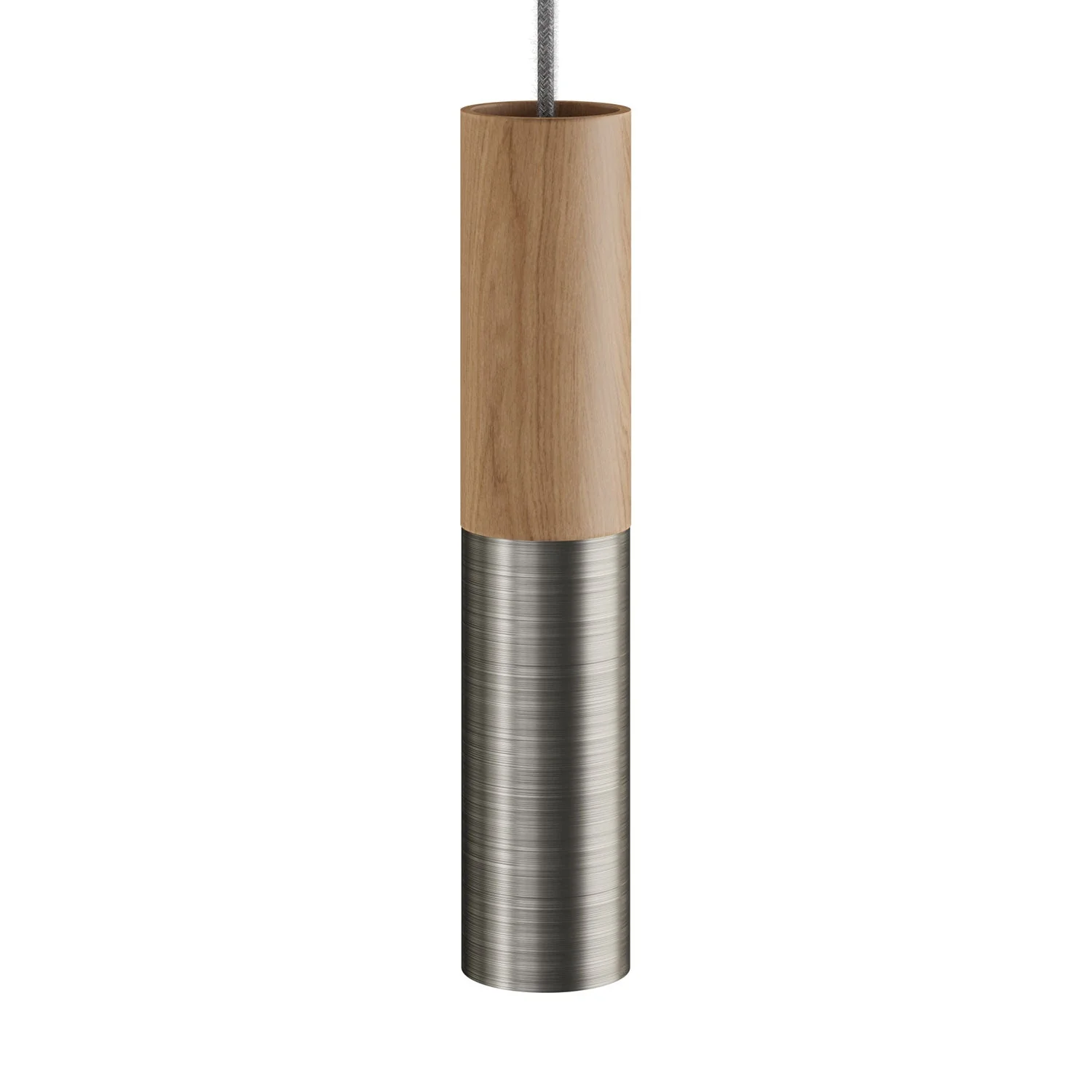 Pendant lamp complete with textile cable and double Tub-E14 lampshade in wood and metal - Satin titanium
