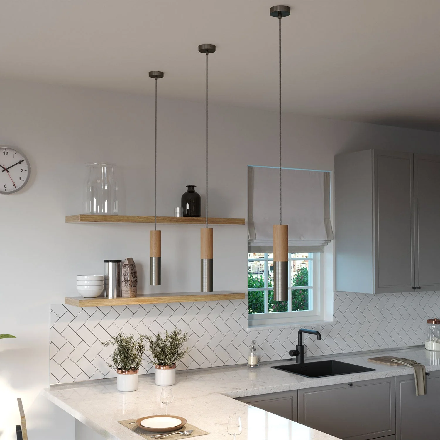 Pendant lamp complete with textile cable and double Tub-E14 lampshade in wood and metal - Satin titanium - Image 3