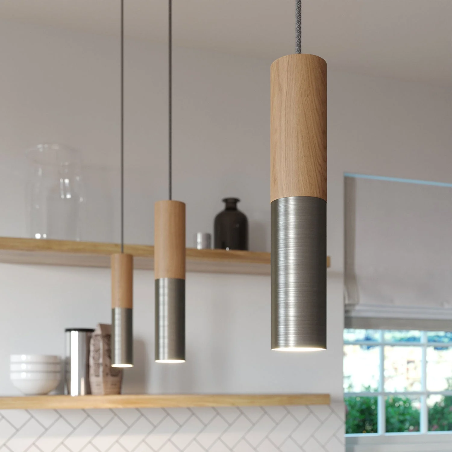 Pendant lamp complete with textile cable and double Tub-E14 lampshade in wood and metal - Satin titanium - Image 4