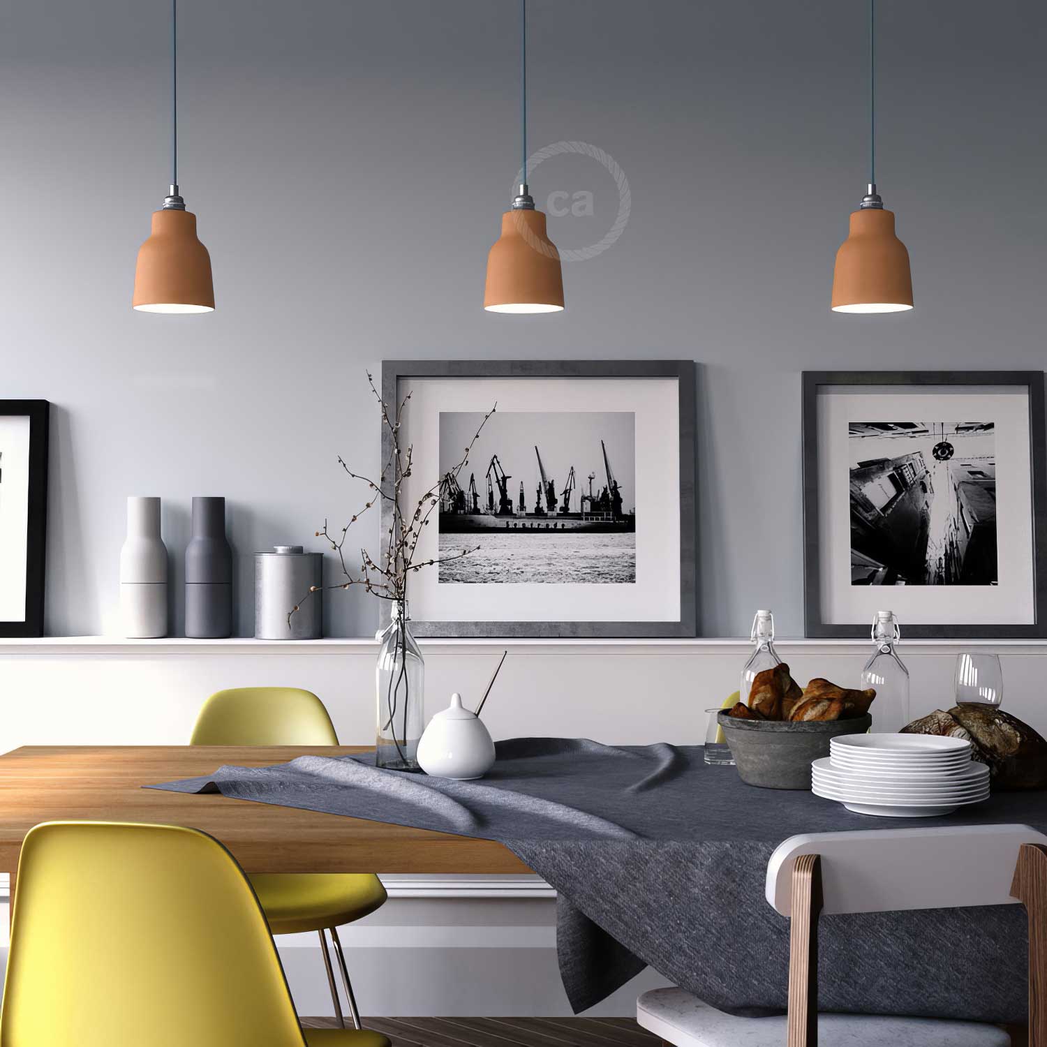 Pendant lamp complete with fabric cable, Vaso ceramic lampshade and metal finishes - Striated terracotta - Image 2