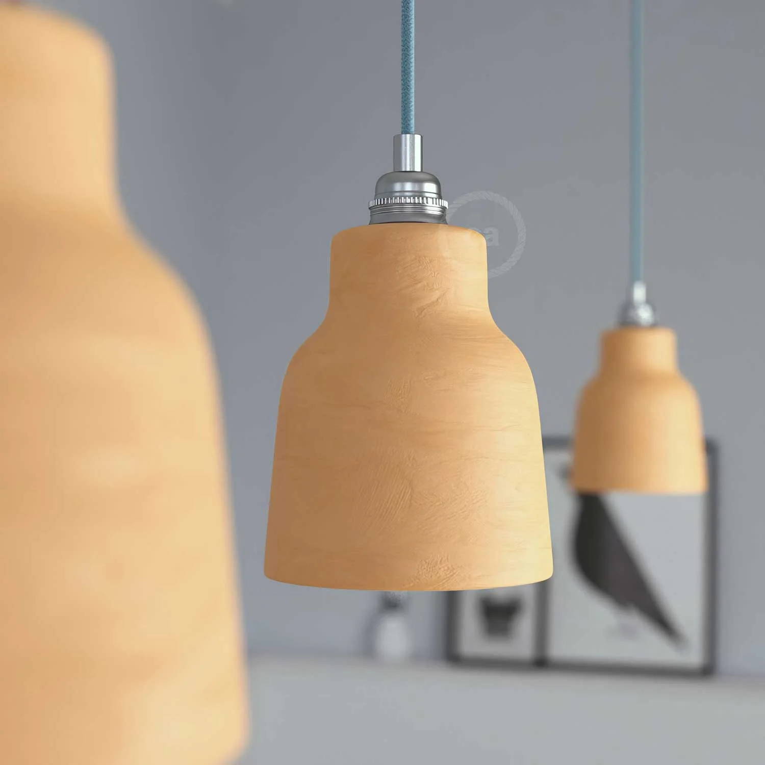 Pendant lamp complete with fabric cable, Vaso ceramic lampshade and metal finishes - Striated terracotta - Image 3