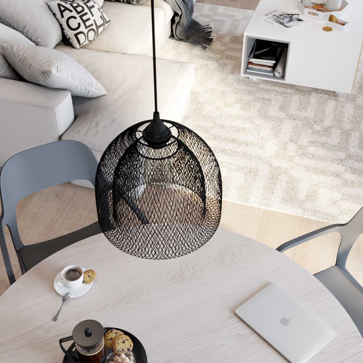 Pendant lamp complete with fabric cable, Ghostbell XL cage lampshade and metal finishes - Black - Image 2