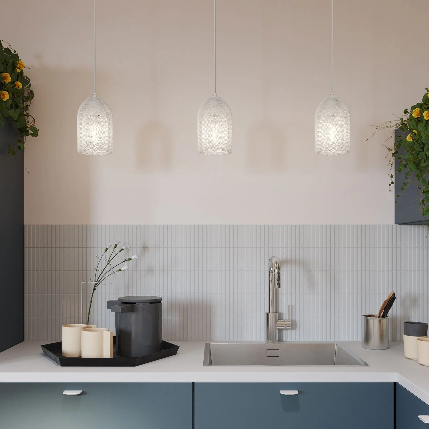Pendant lamp complete with fabric cable, Ghostbell lampshade and metal finishes - White - Image 2