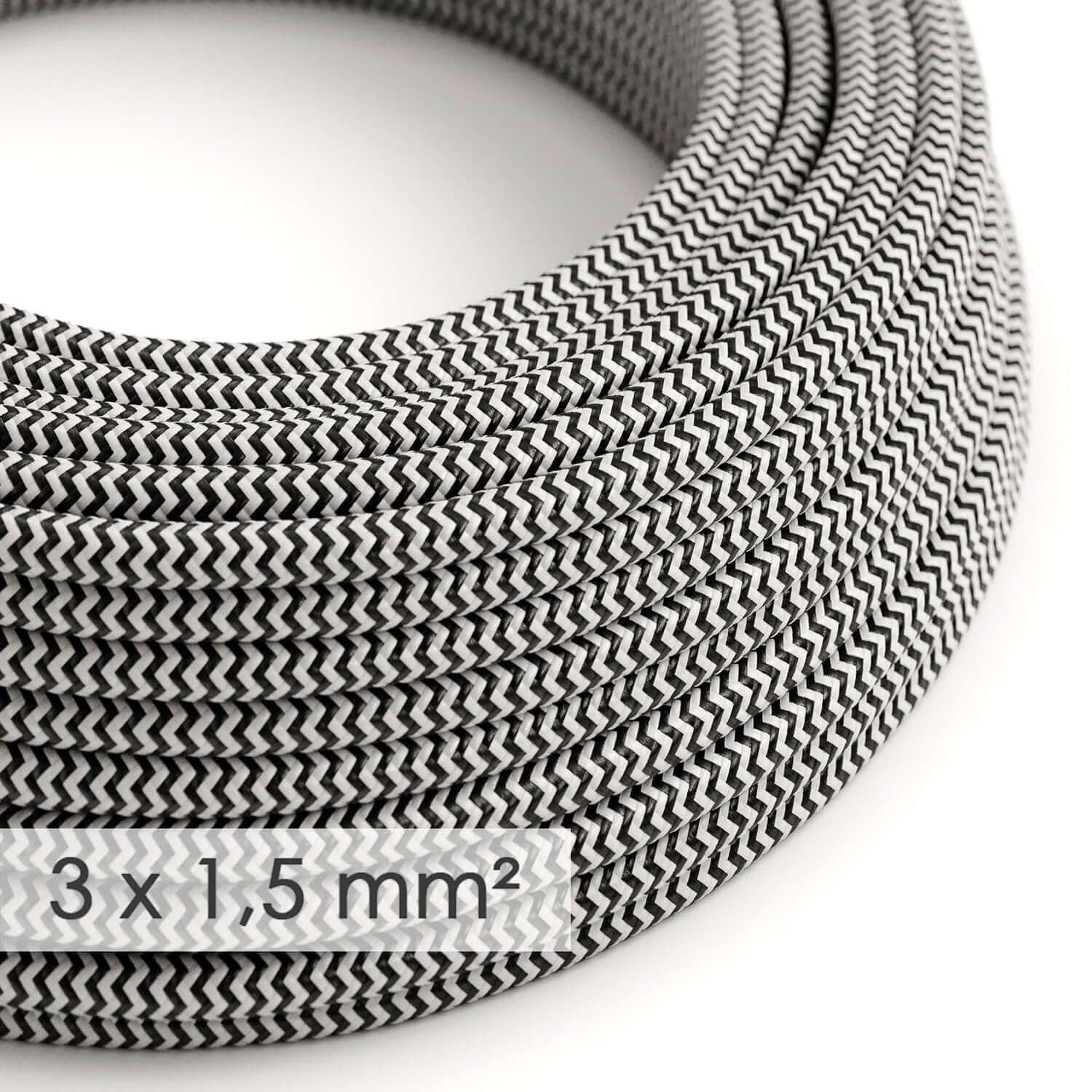 Large section round electrical cable 3x1.50 - Black silk-effect ZigZag RZ04 fabric