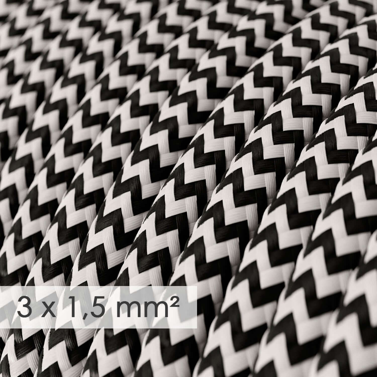 Large section round electrical cable 3x1.50 - Black silk-effect ZigZag RZ04 fabric - Image 2