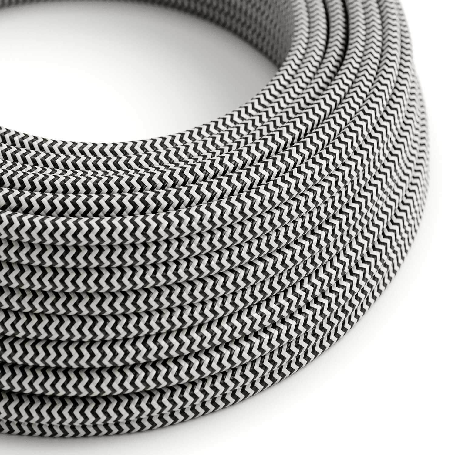 Glossy Carbon Black and Optical White ZigZag textile cable - The Original Creative-Cables - RZ04 round 2x0.75mm / 3x0.75mm