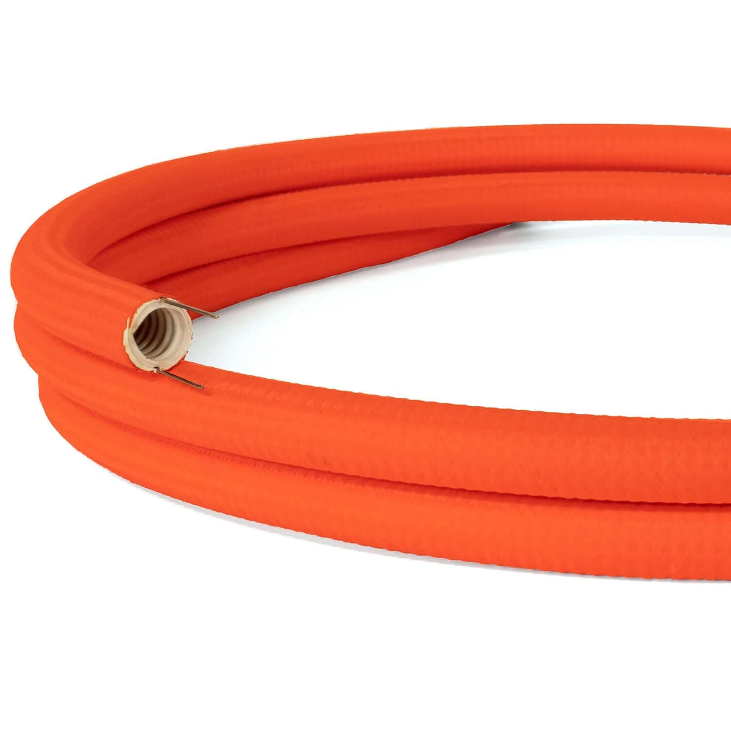 Creative-Tube, 20 mm diameter, covered in RF15 Orange Fluorescent Silk Effect fabric, flexible cable conduit