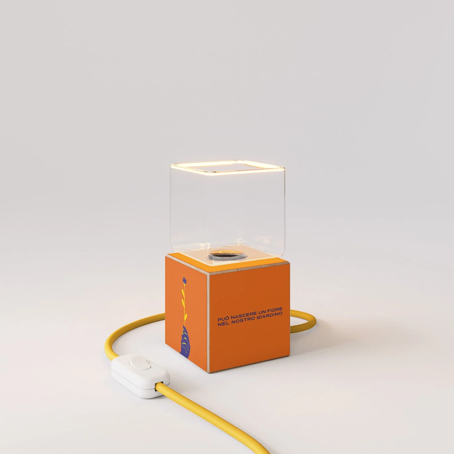 Cubetto table lamp with US plug, "Può nascere un fiore" Ghost bulb - Santomanifesto