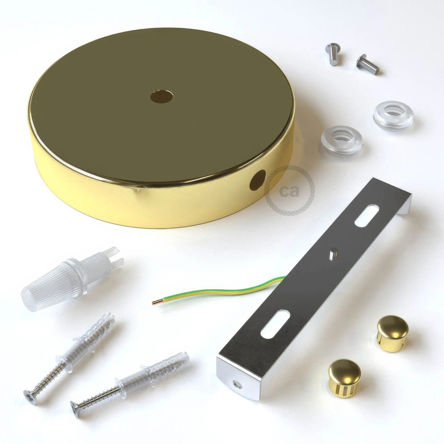 1-hole central and 2-side holes cylindrical metal ceiling rose kit - Brass - Image 3