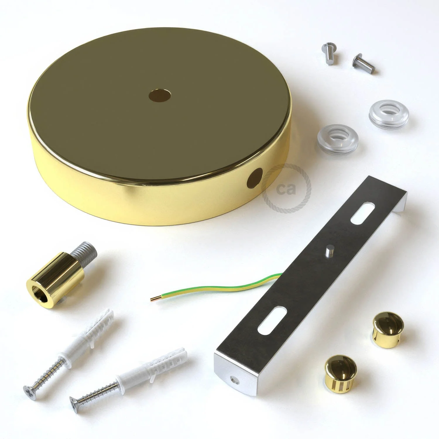 1-hole central and 2-side holes cylindrical metal ceiling rose kit - Brass - Image 8