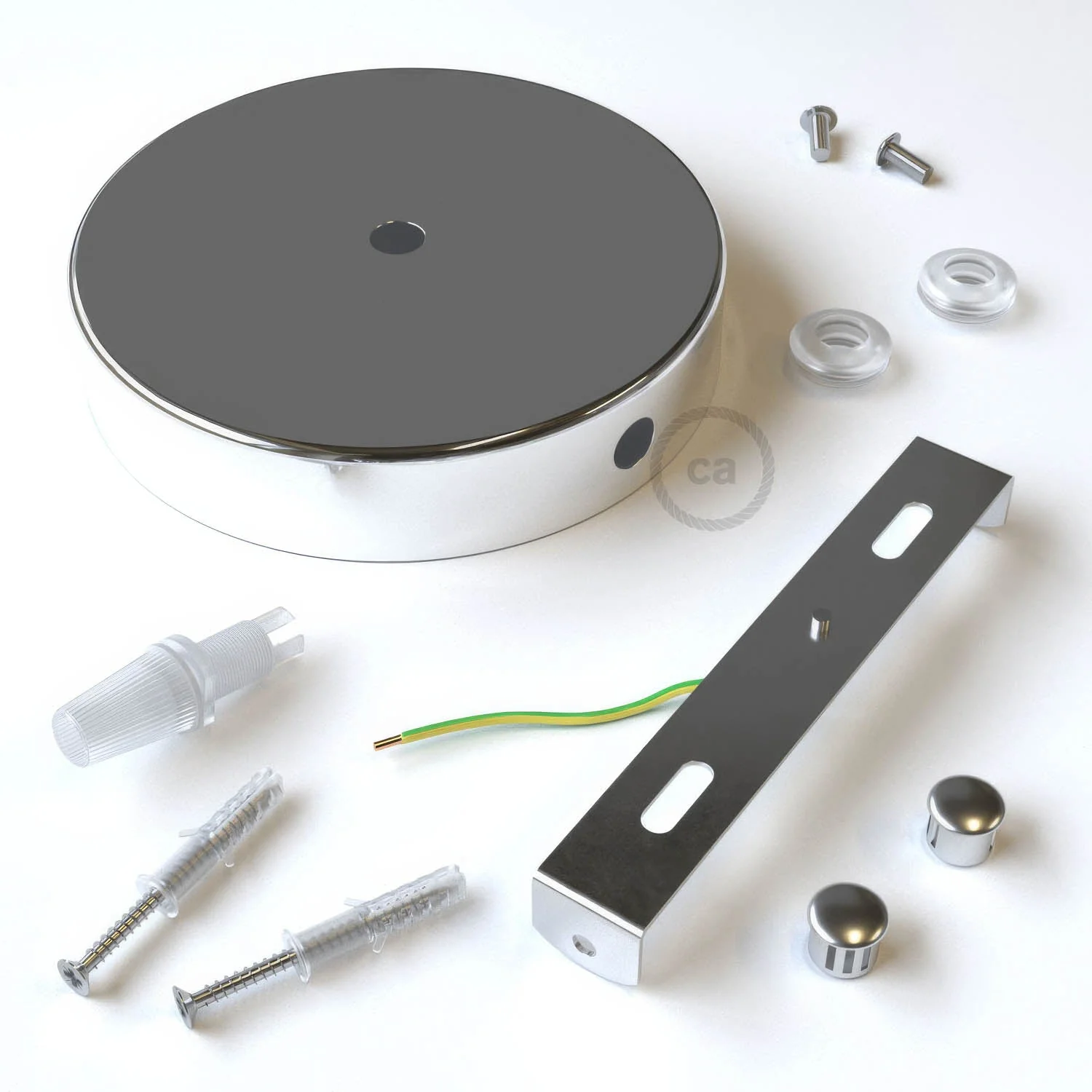 Cylindrical metal ceiling rose kit with 1 central hole and 2 side holes - Chrome - Image 3