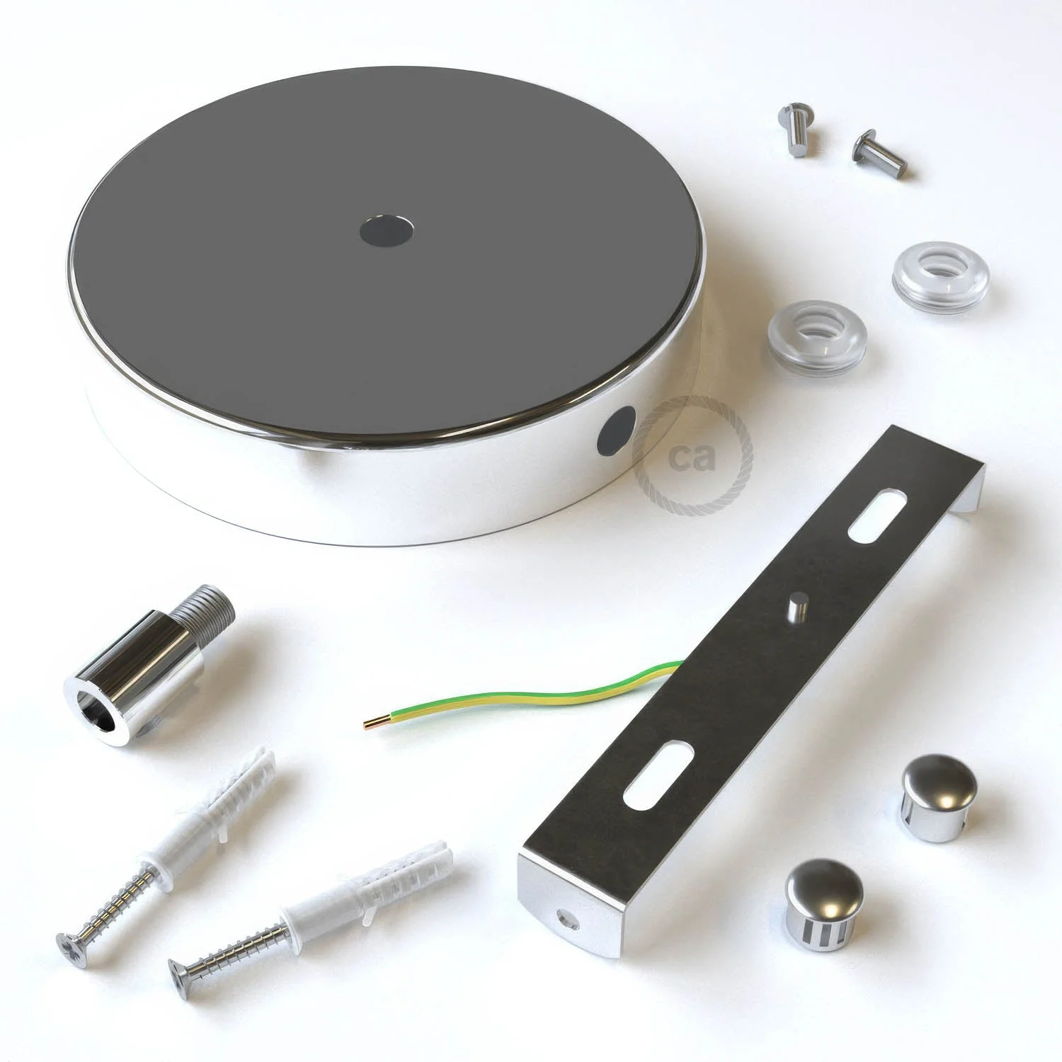 Cylindrical metal ceiling rose kit with 1 central hole and 2 side holes - Chrome - Image 8
