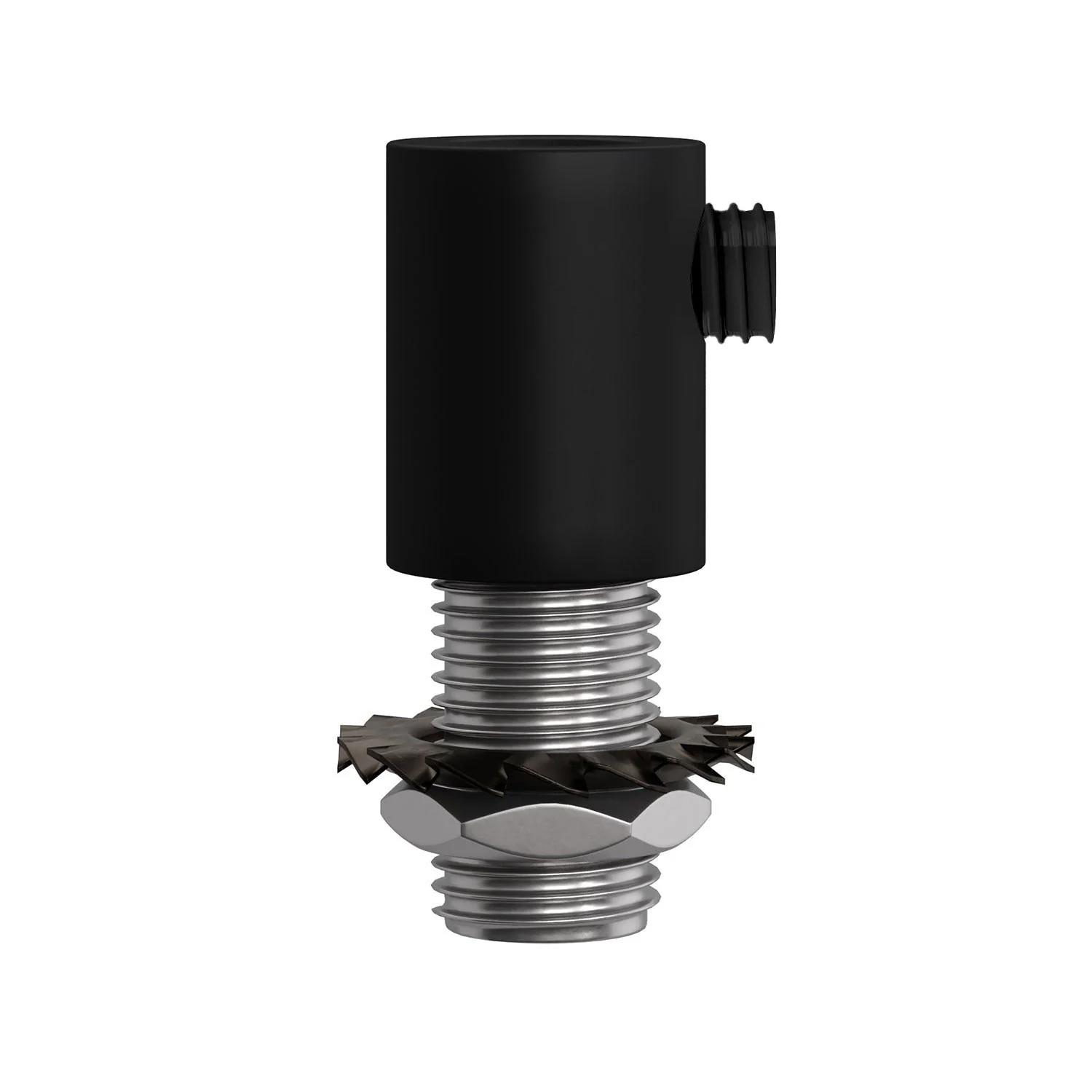 Cylindrical cable clamp in metal complete with rod, nut and washer - Black