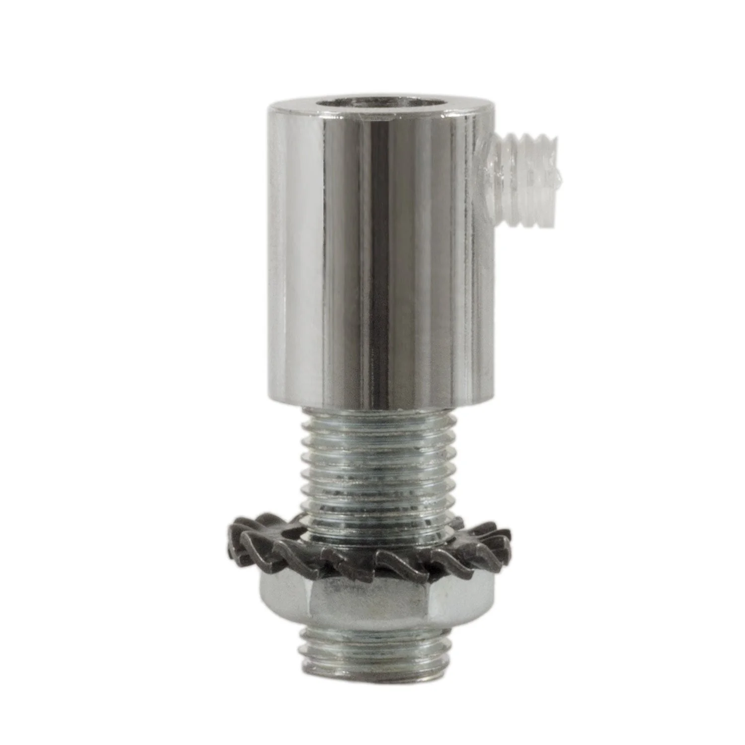 Cylindrical cable clamp in metal complete with rod, nut and washer - Chrome