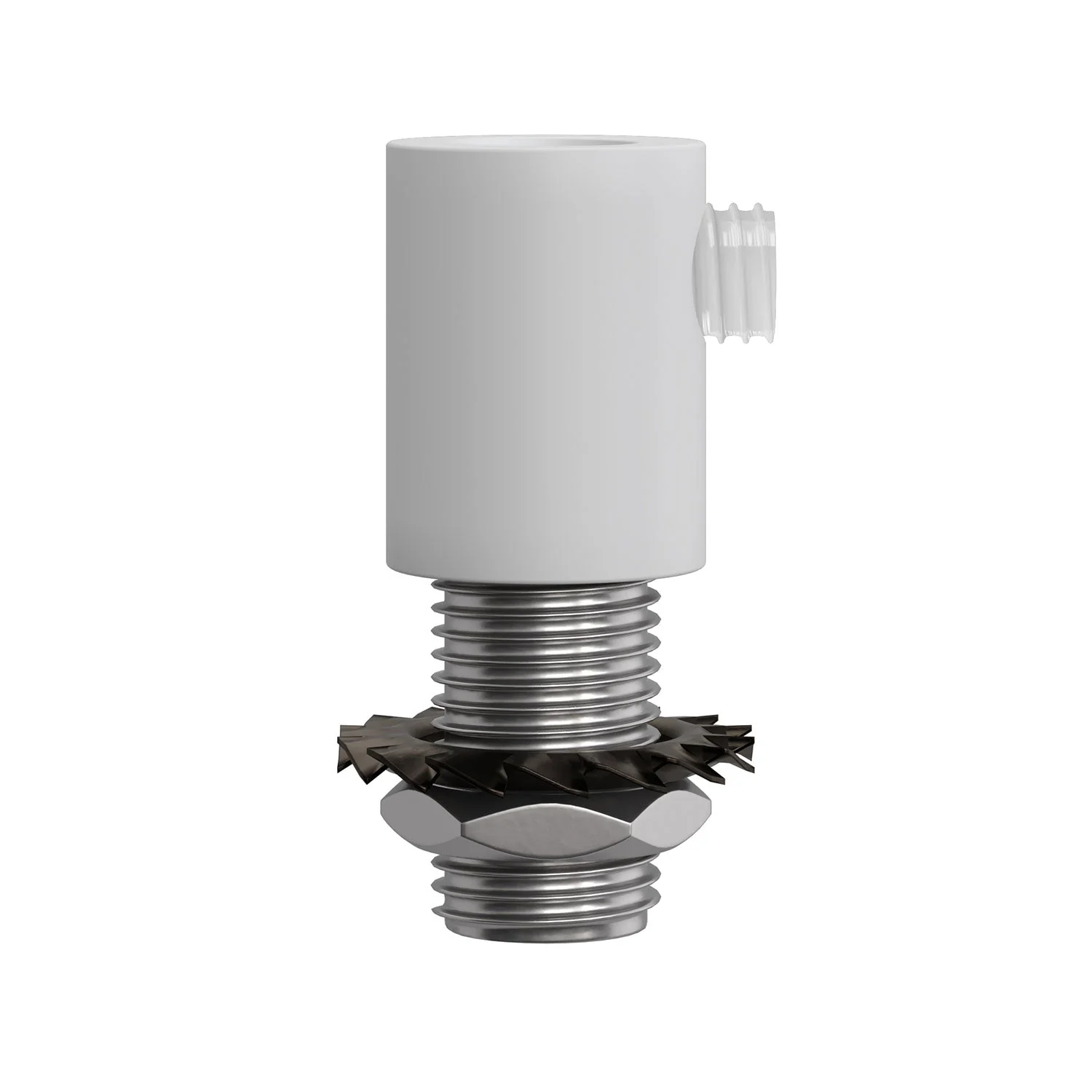 Cylindrical metal cable clamp complete with rod, nut and washer - White