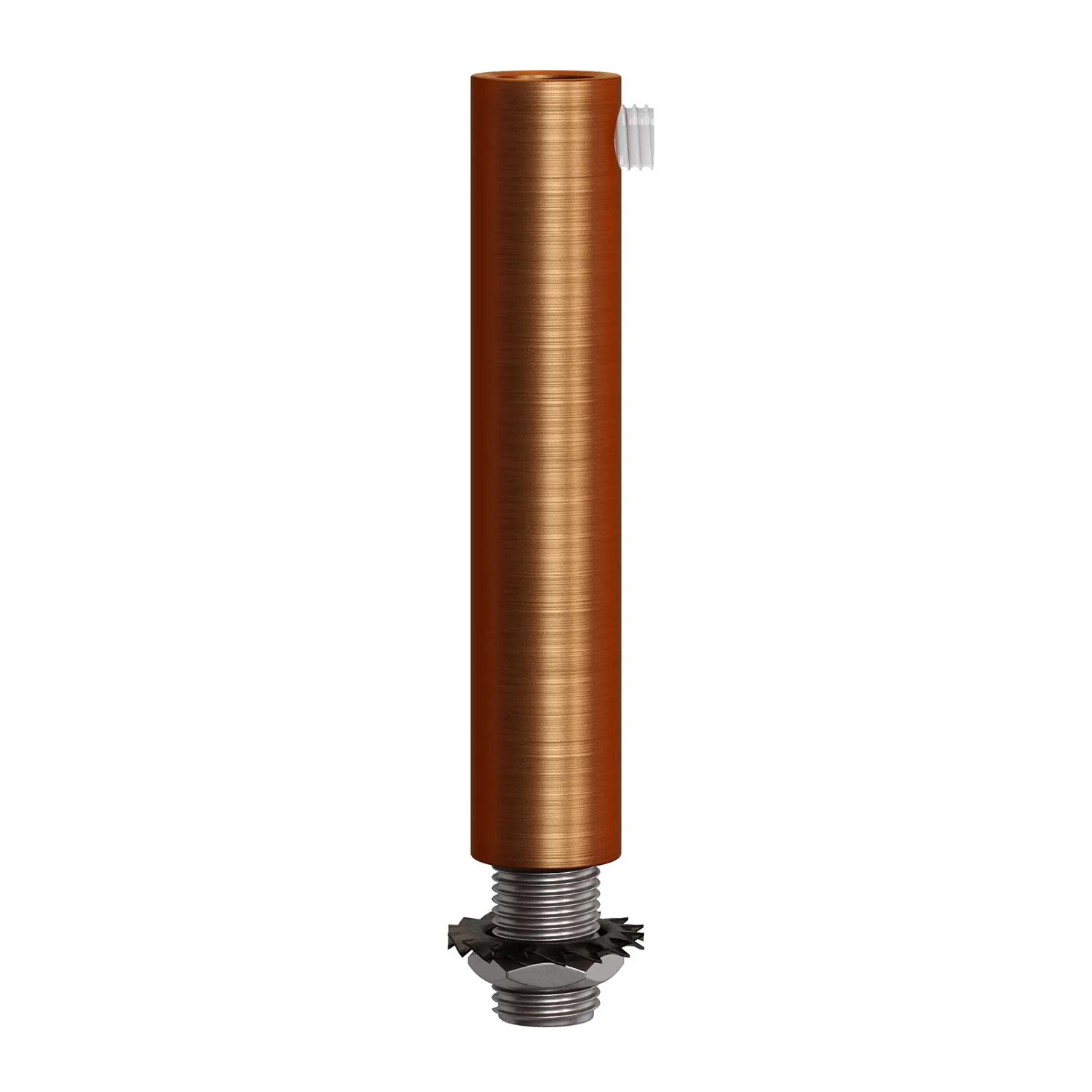 Cylindrical cable clamp in metal, 7 cm long, complete with rod, nut and washer – Satin copper