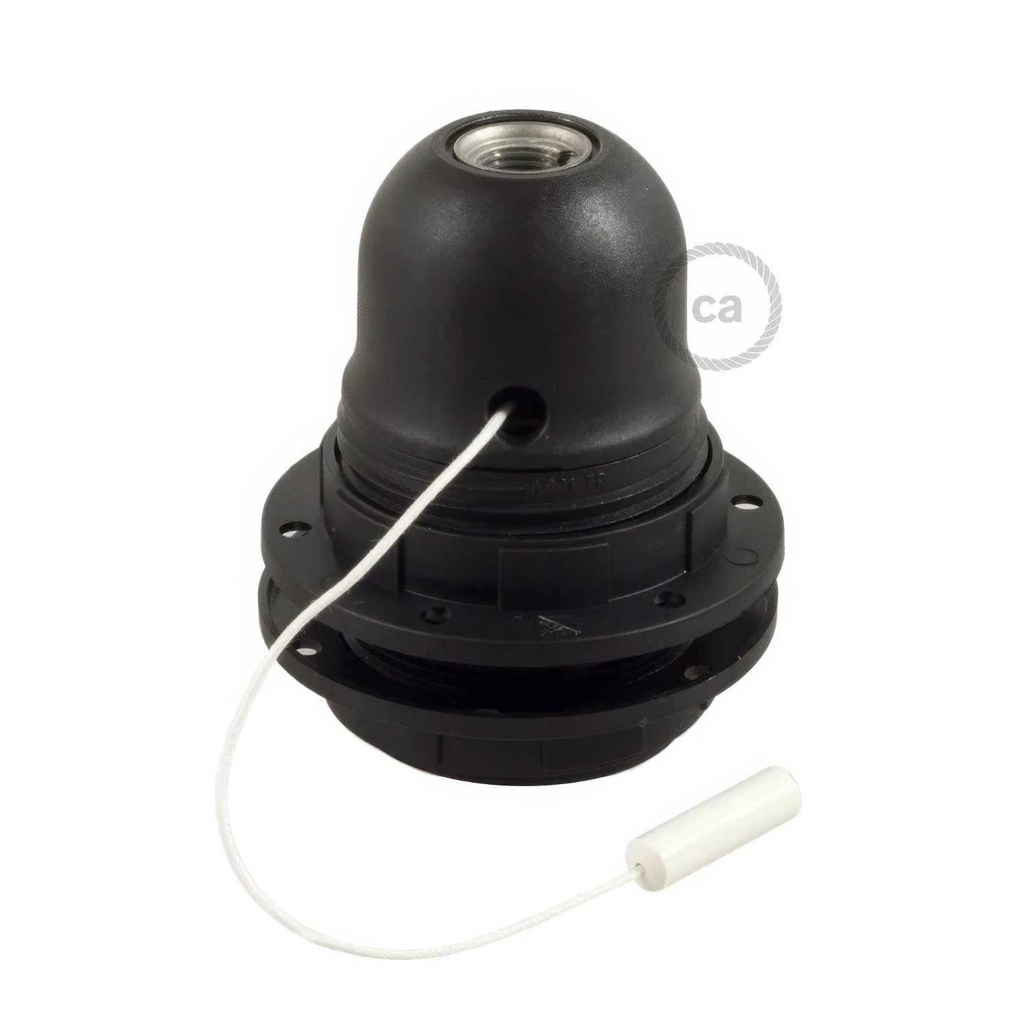 E27 lamp holder kit in thermoplastic with double ring for lampshade and pull switch – Black
