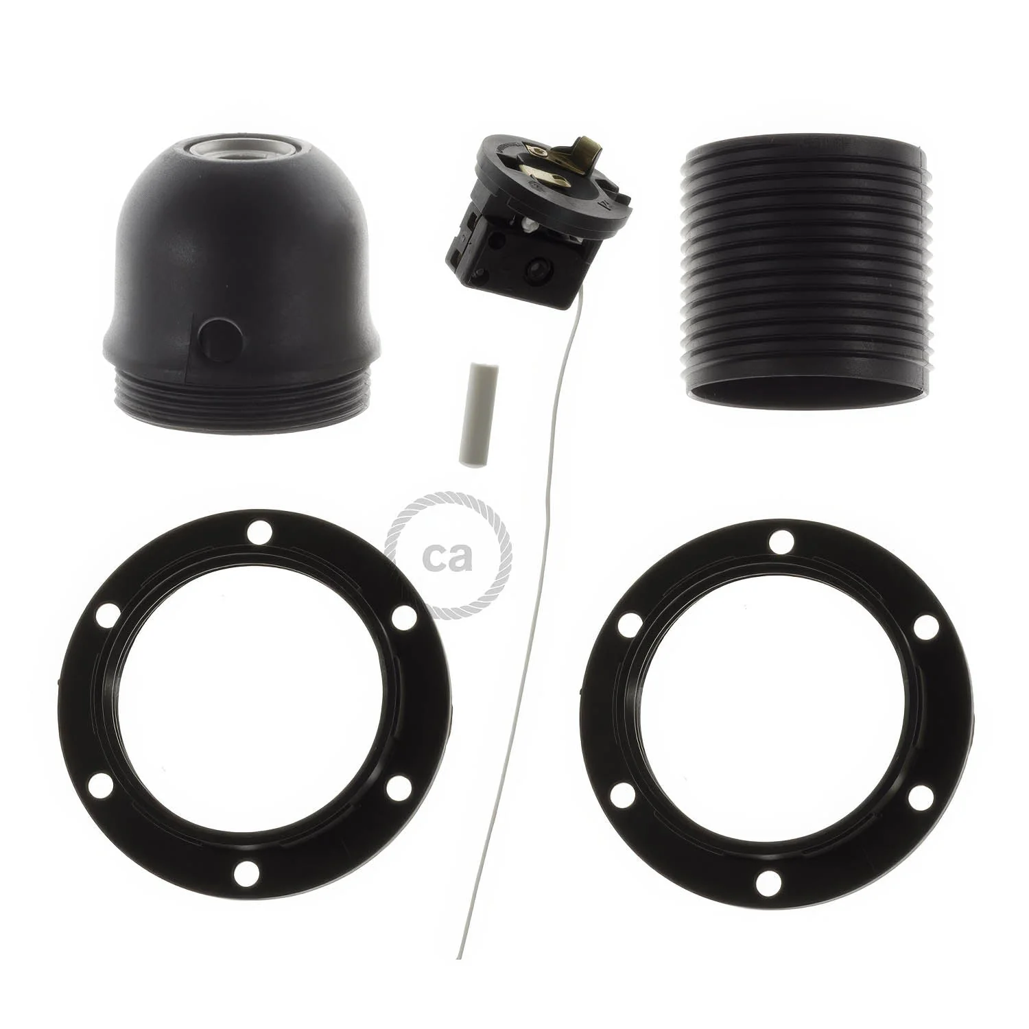 E27 lamp holder kit in thermoplastic with double ring for lampshade and pull switch – Black - Image 2