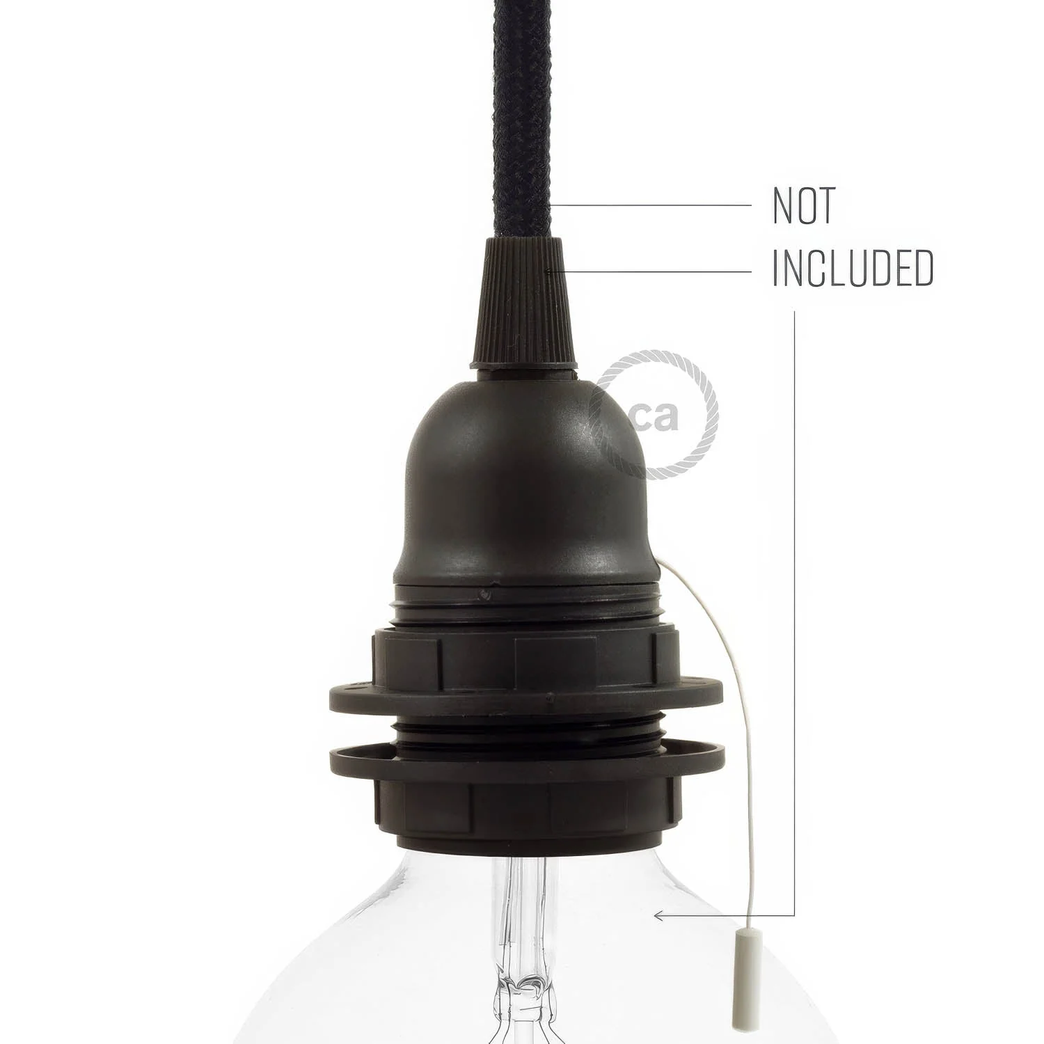 E27 lamp holder kit in thermoplastic with double ring for lampshade and pull switch – Black - Image 3