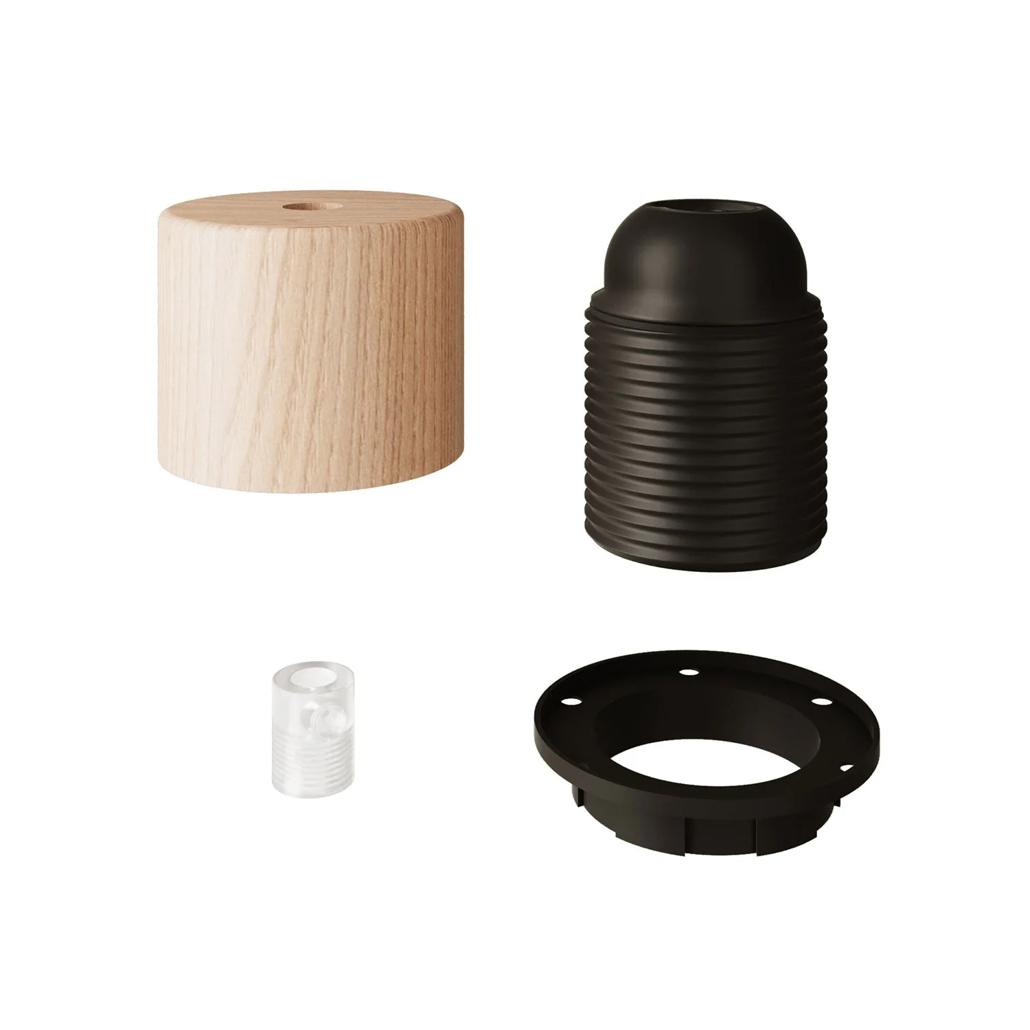 Threaded cylindrical E27 lamp holder kit in wood with cable clamp for lampshade - Neutral - Image 2