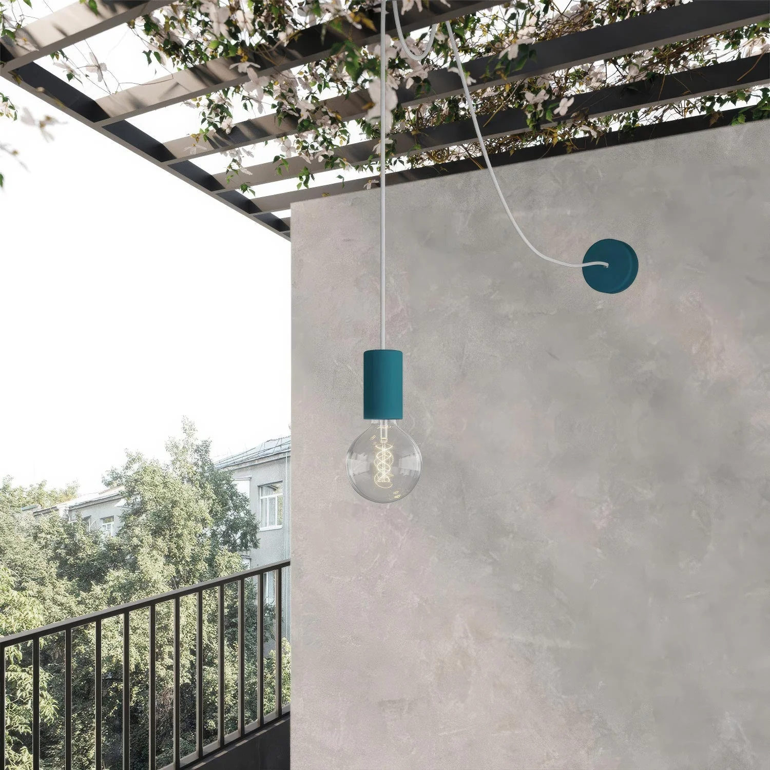 EIVA ELEGANT Outdoor pendant lamp with textile cable, decentralizer, canopy and socket for wet locations - Petrol - Image 2