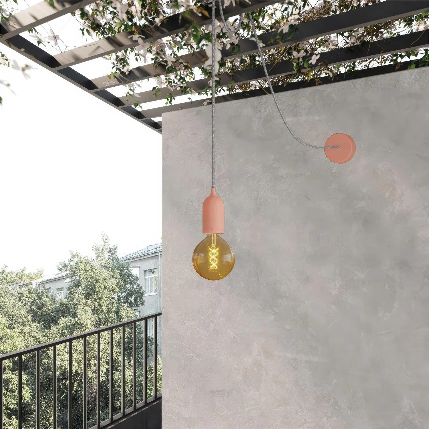 EIVA PASTEL outdoor pendant lamp with textile cable, decentralizer, canopy and socket for wet locations – Salmon - Image 2