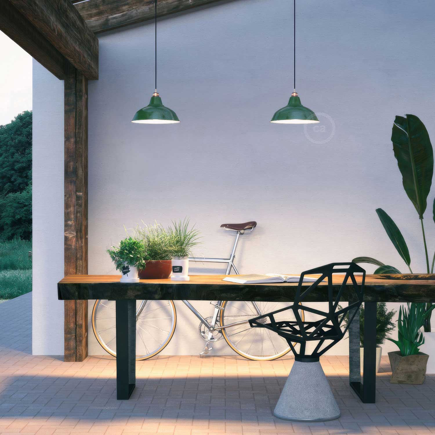 Bistrot lampshade in enamelled metal with E27 fitting, 30 cm diameter - Green - Image 2