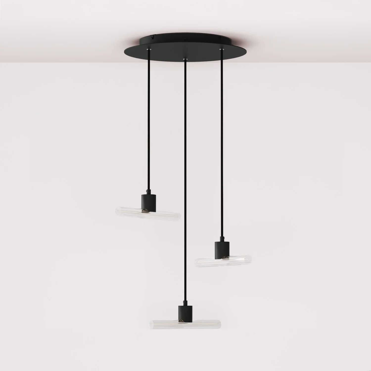 Esse14 3-Drop Asymmetrical Pendant Light with Rose-One, complete with fabric cord and metal finishes - Black - Image 3