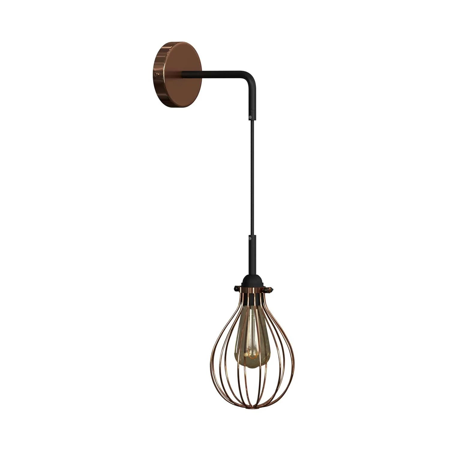 Fermaluce Metal with Drop lampshade, metal wall lamp with curved extension and textile cable – Copper