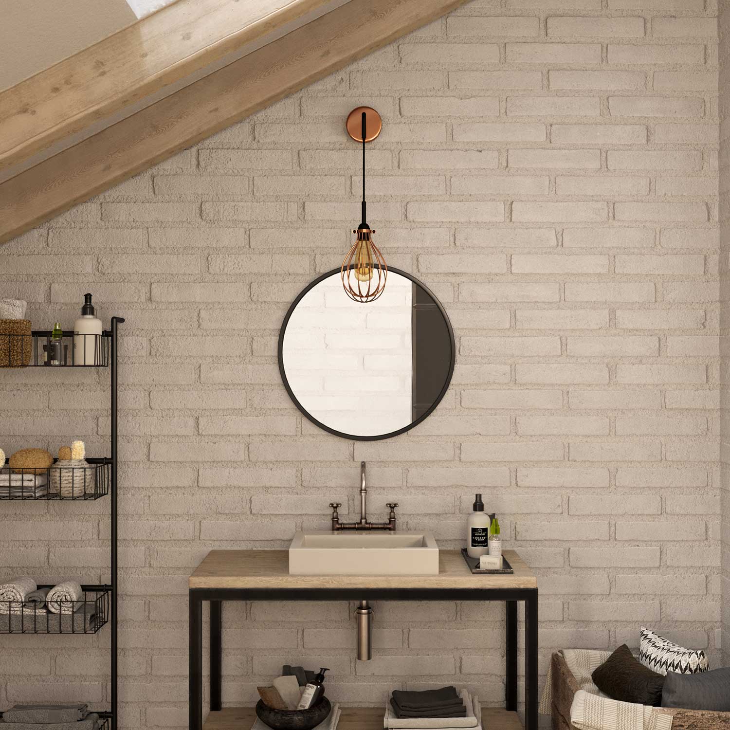 Fermaluce Metal with Drop lampshade, metal wall lamp with curved extension and textile cable – Copper - Image 2