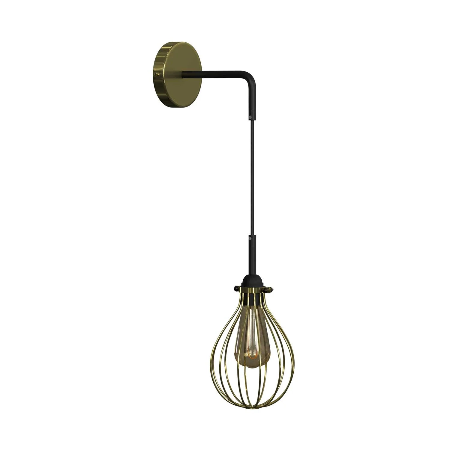 Fermaluce Metal with Drop lampshade, metal wall lamp with curved extension and fabric cable - Brass