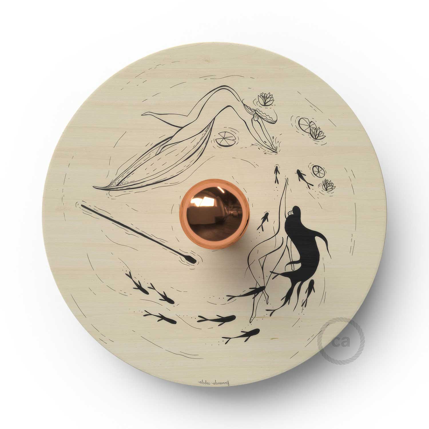 Fermaluce Romantic with UFO lampshade in double-sided wood illustrated by Fernando Cobelo