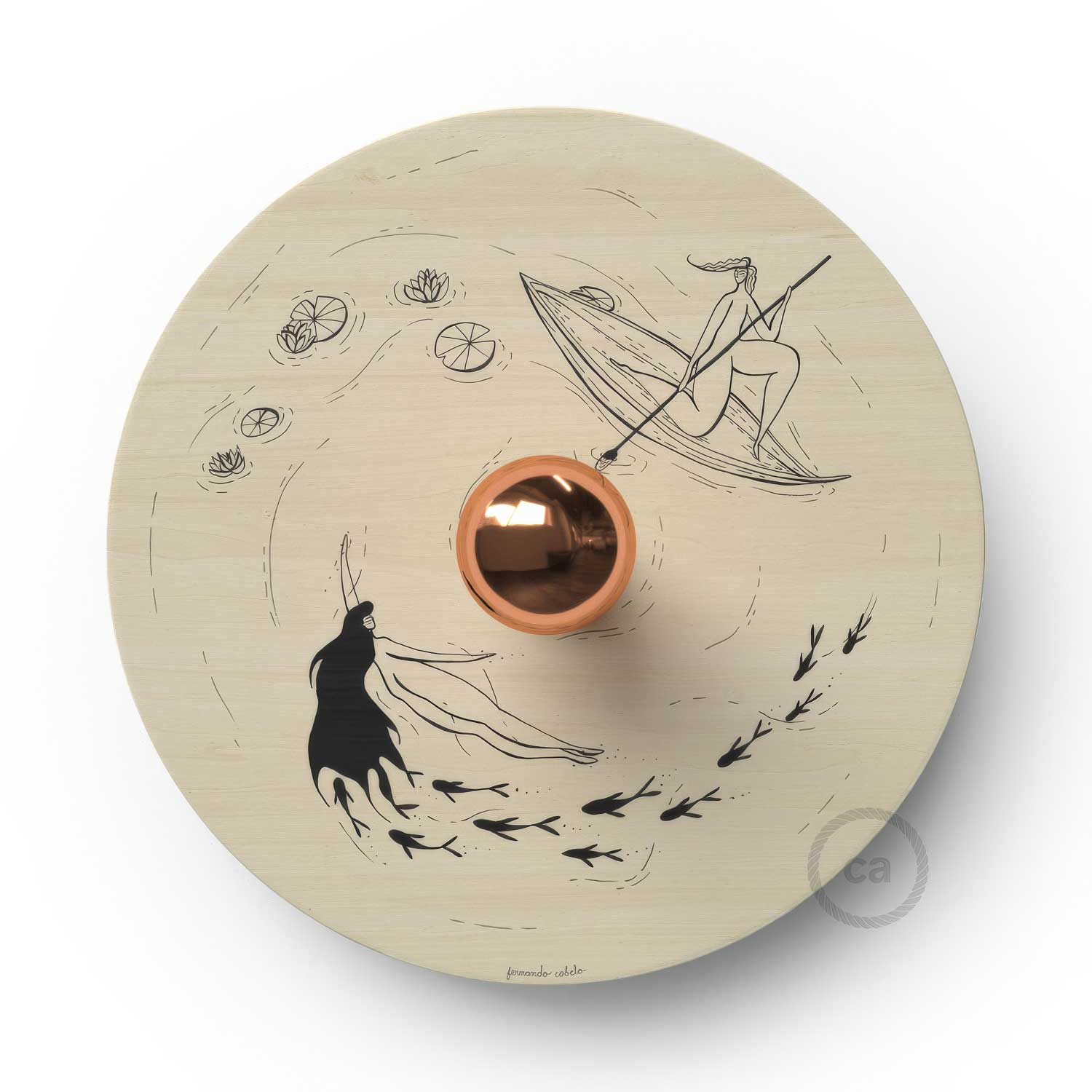 Fermaluce Romantic with UFO lampshade in double-sided wood illustrated by Fernando Cobelo - Image 4