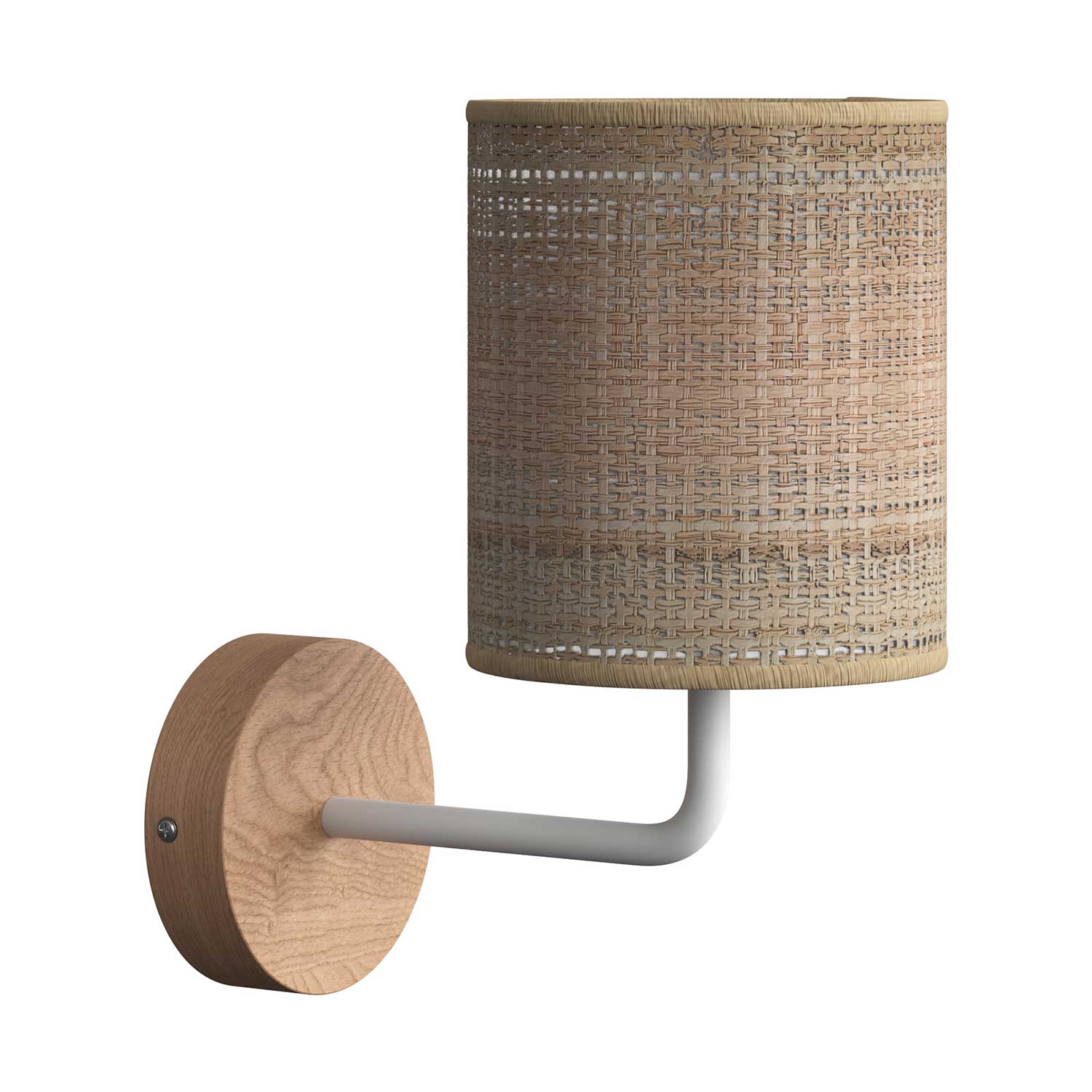 Fermaluce Wood, wooden wall lamp with Cylinder lampshade and curved extension - Neutral
