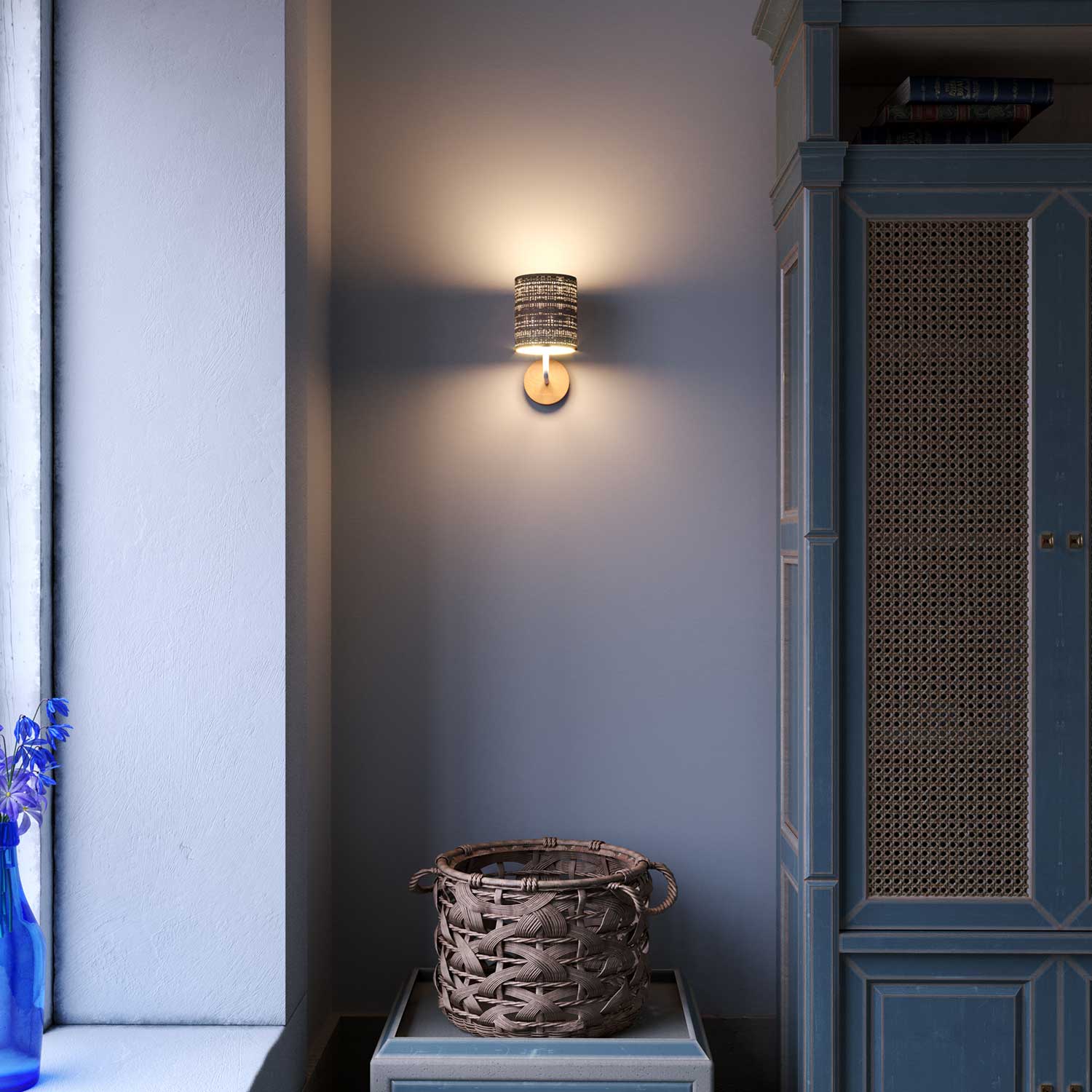 Fermaluce Wood, wooden wall lamp with Cylinder lampshade and curved extension - Neutral - Image 2