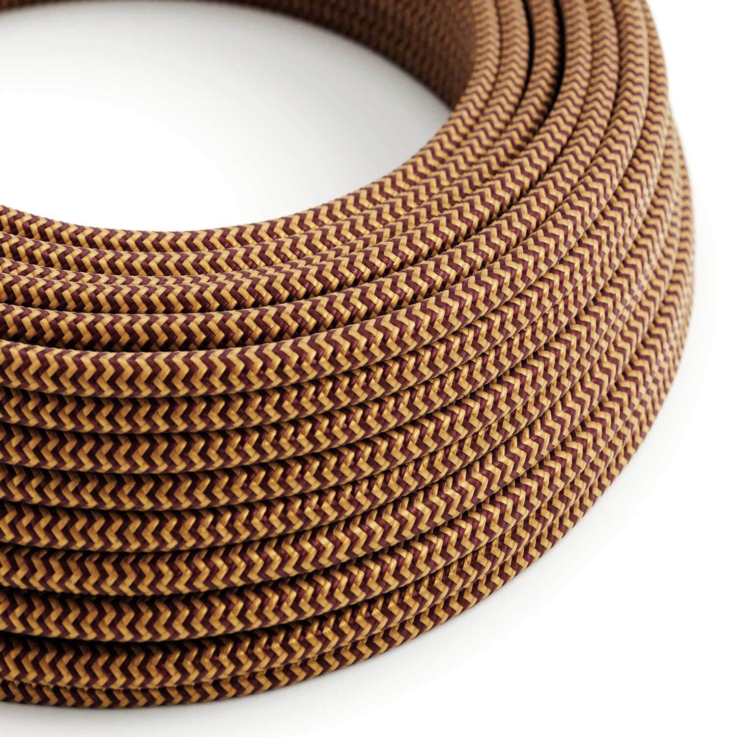Gold and Bordeaux ZigZag textile cable for lighting - The Original Creative Cables, designed for lamps and chandeliers - RZ23