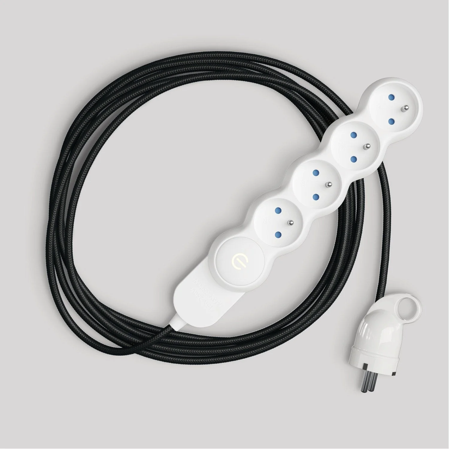 French multi-socket with glossy black fabric cable and Schuko plug with comfort ring