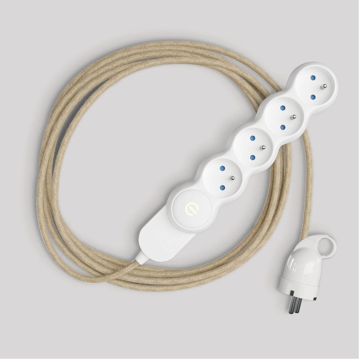 French multi-socket with neutral-coloured jute cable and Schuko plug with comfort ring